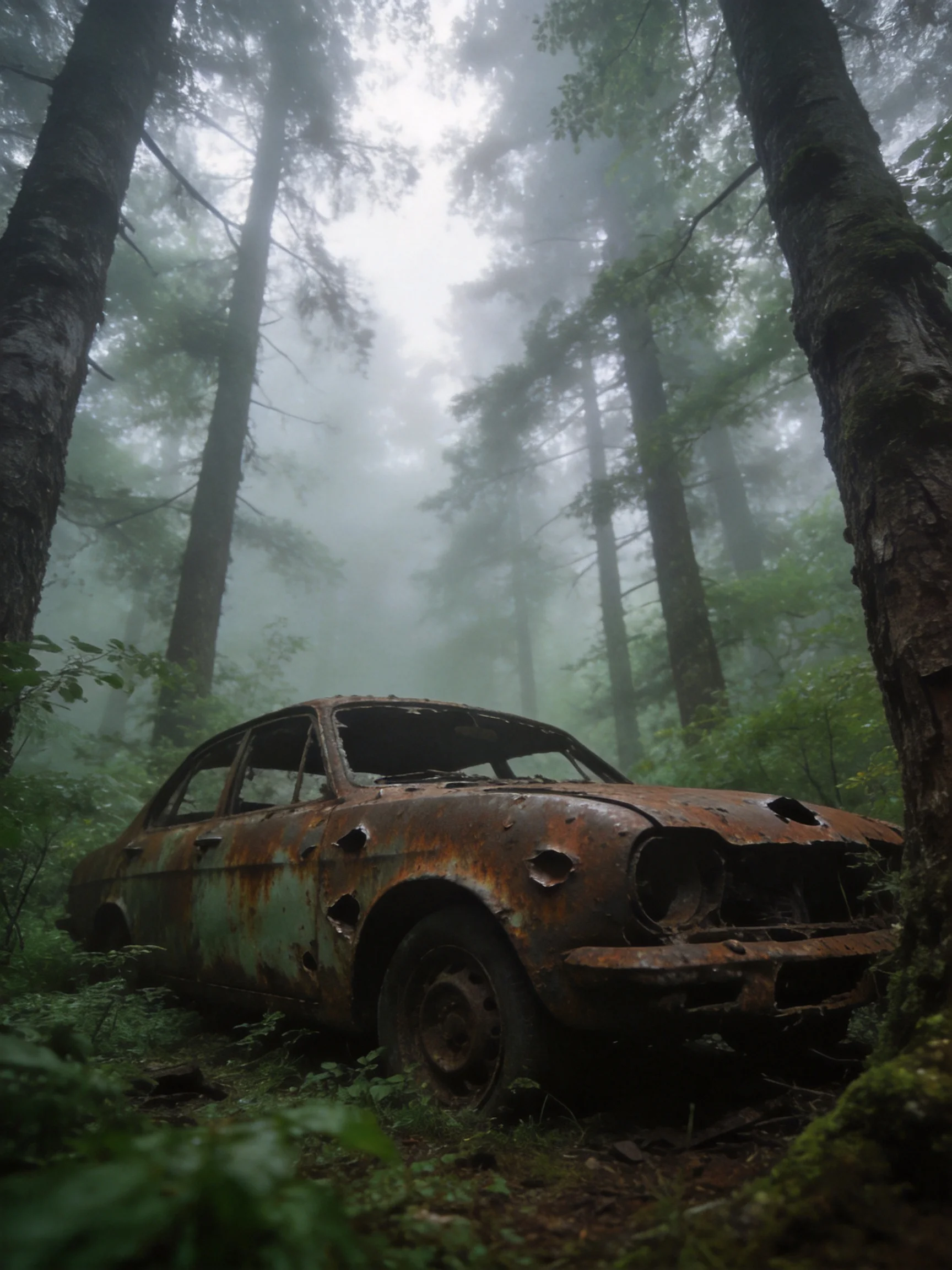 An old, rusted car abandoned in a dense, foggy forest