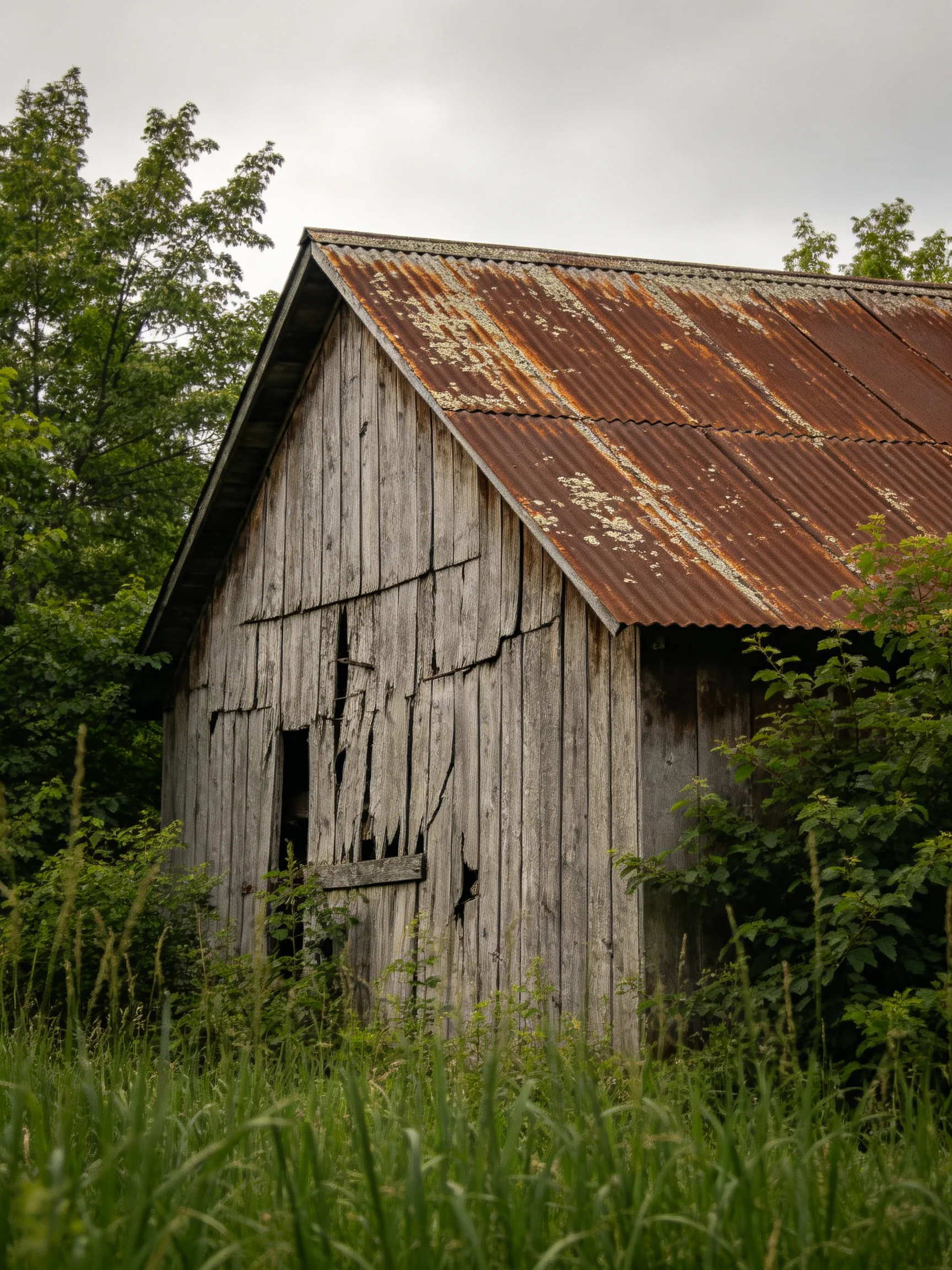 An old weathered barn with rusty roof amidst lush vegetation