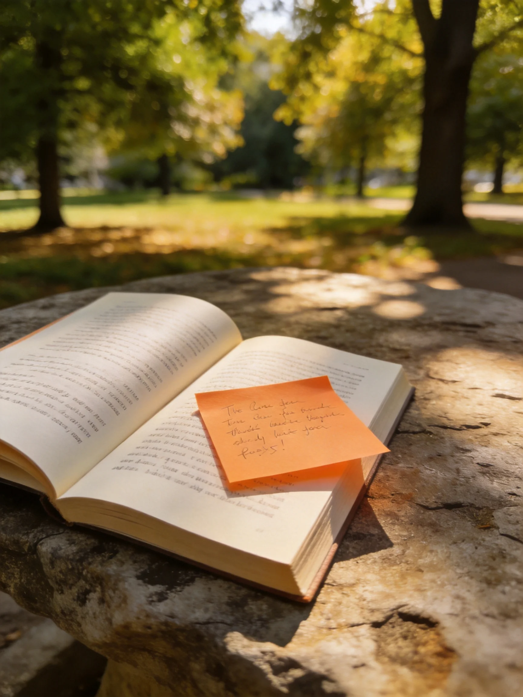 An open book with an orange sticky note on a stone table in sunlight
