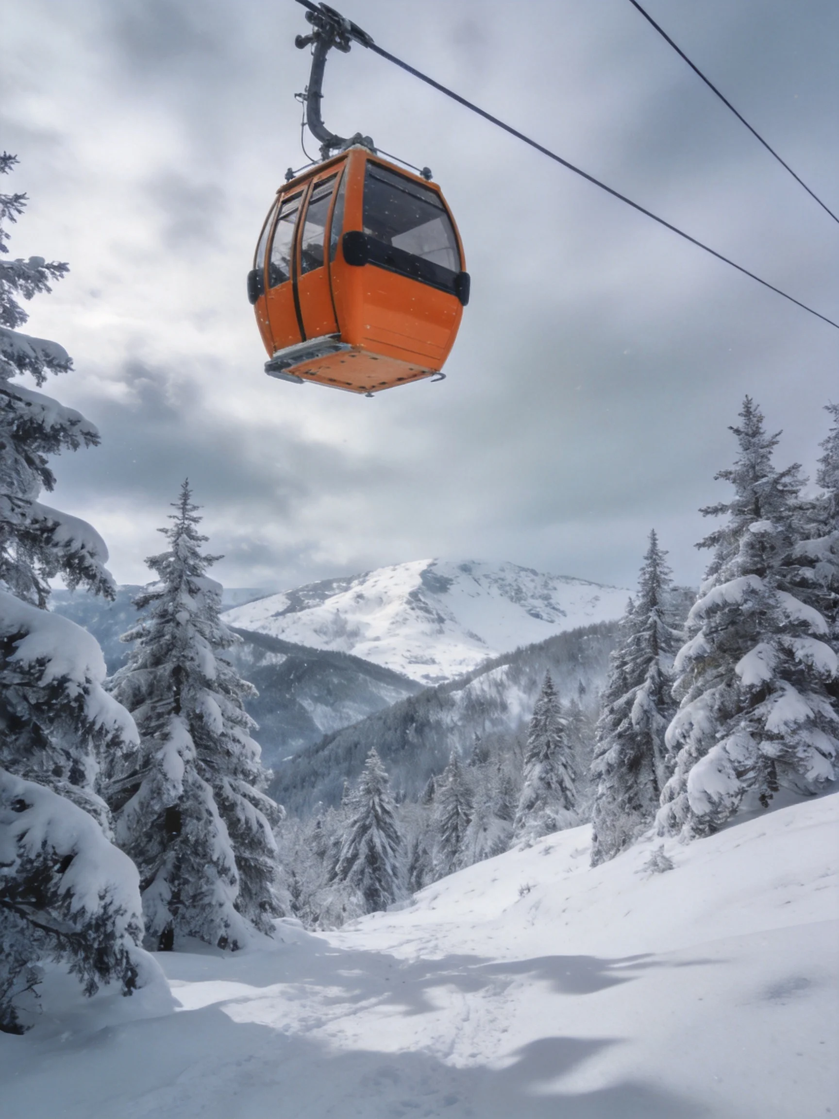 An orange cable car soars over a snow-covered mountainous forest