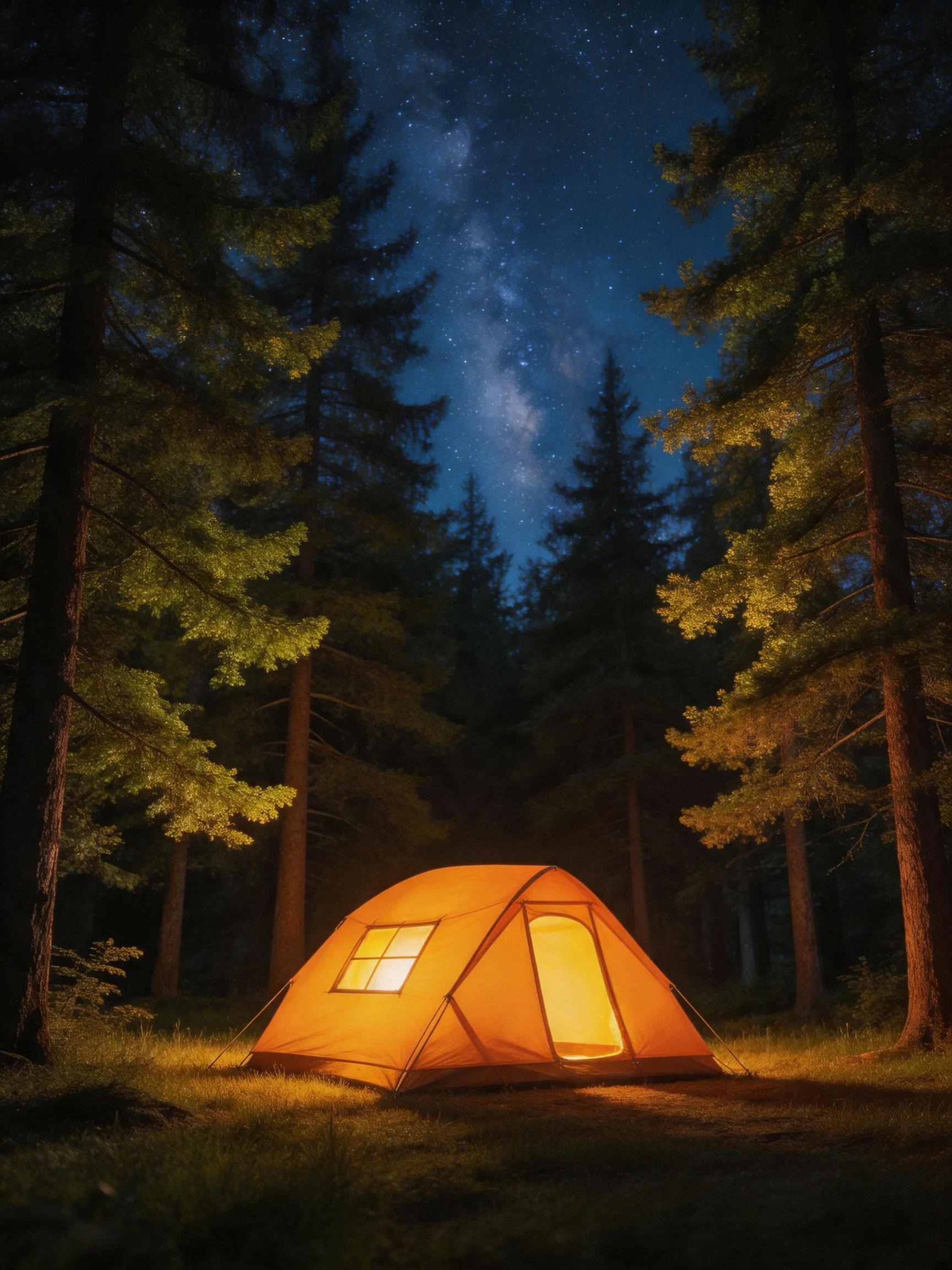 An orange tent lit up in a forest under starry night sky