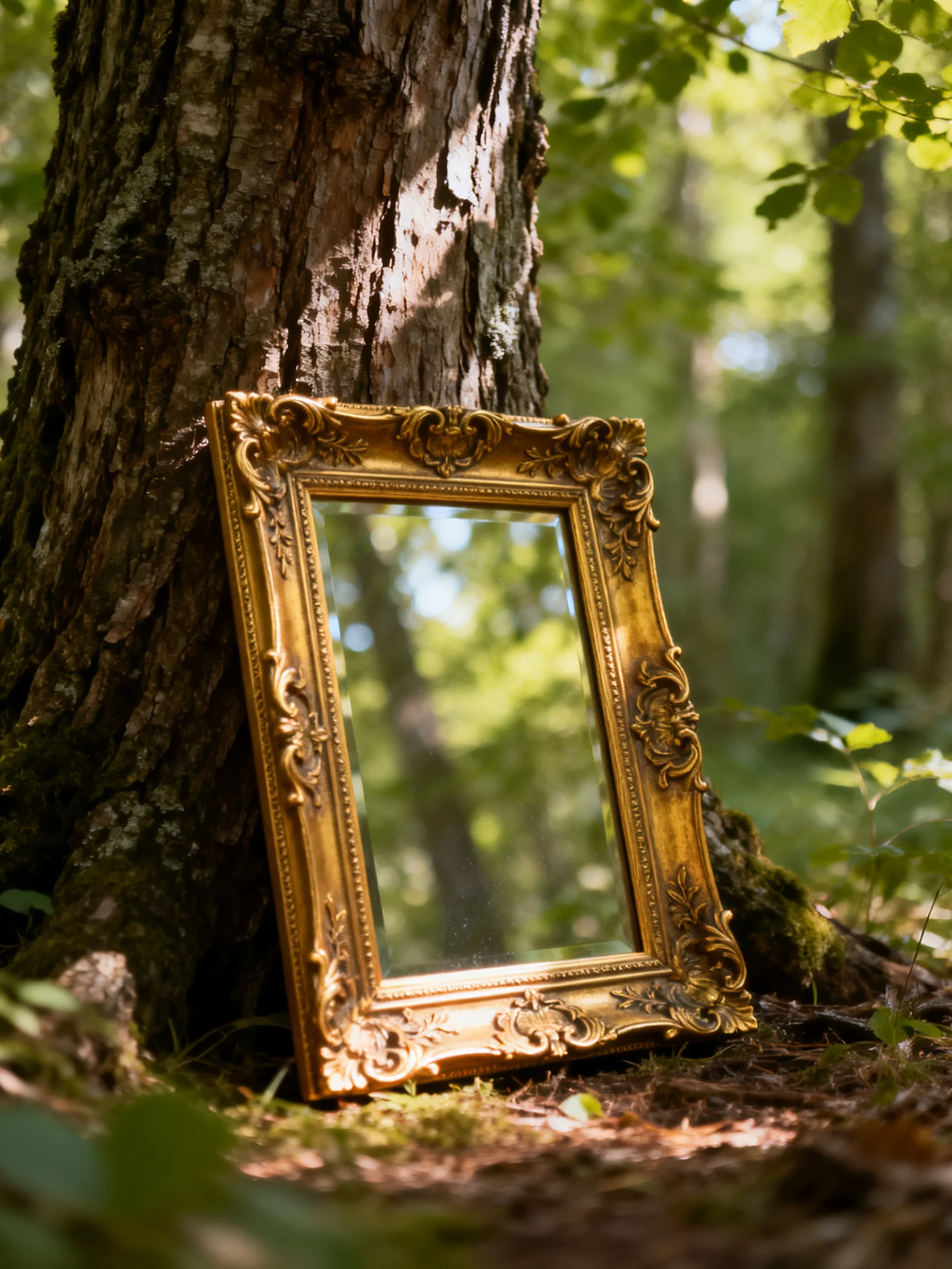 An ornate gold-framed mirror leans against a large brown tree in a sunlit forest