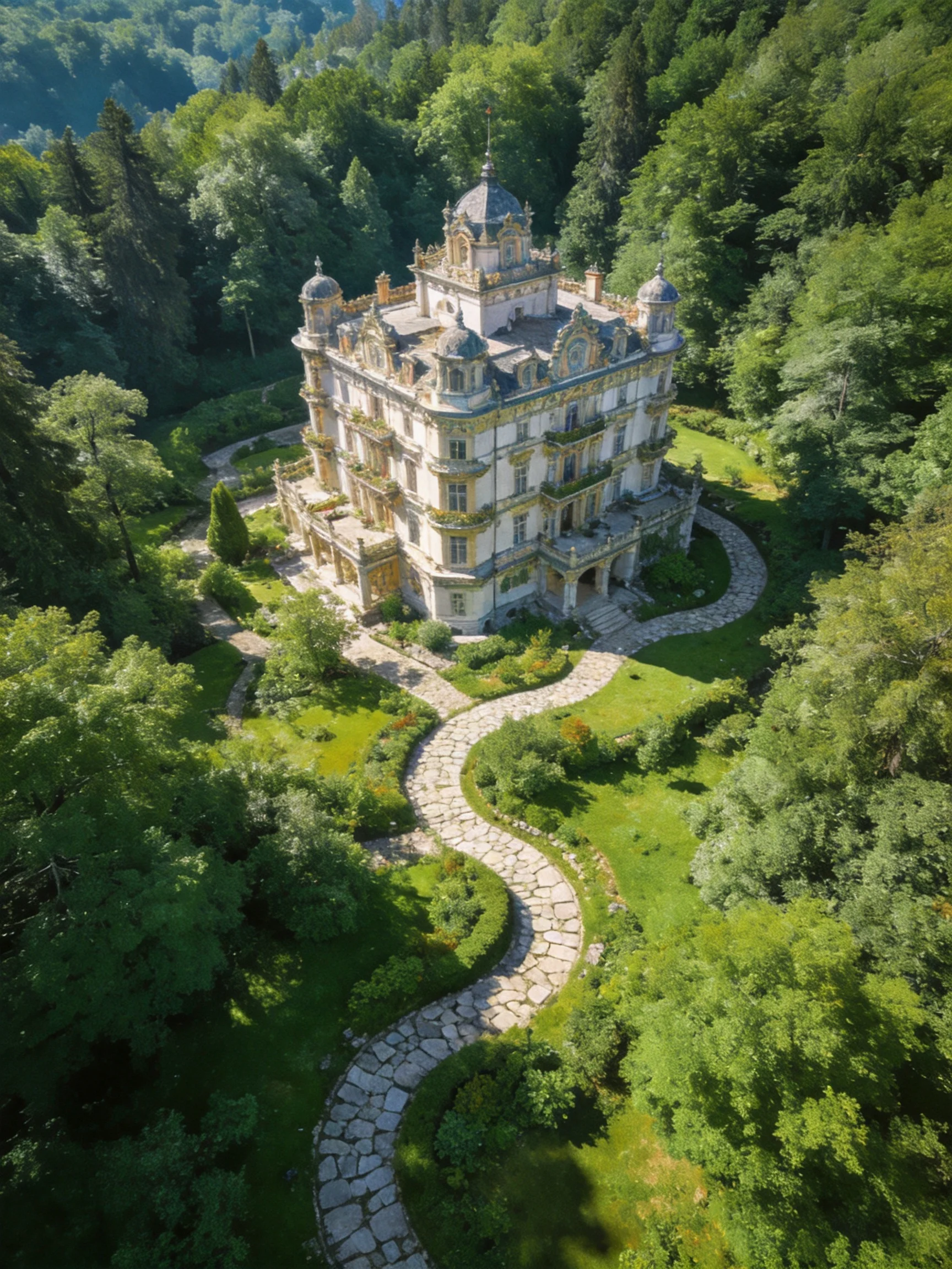 An ornate multi - story mansion nestled among dense green forests