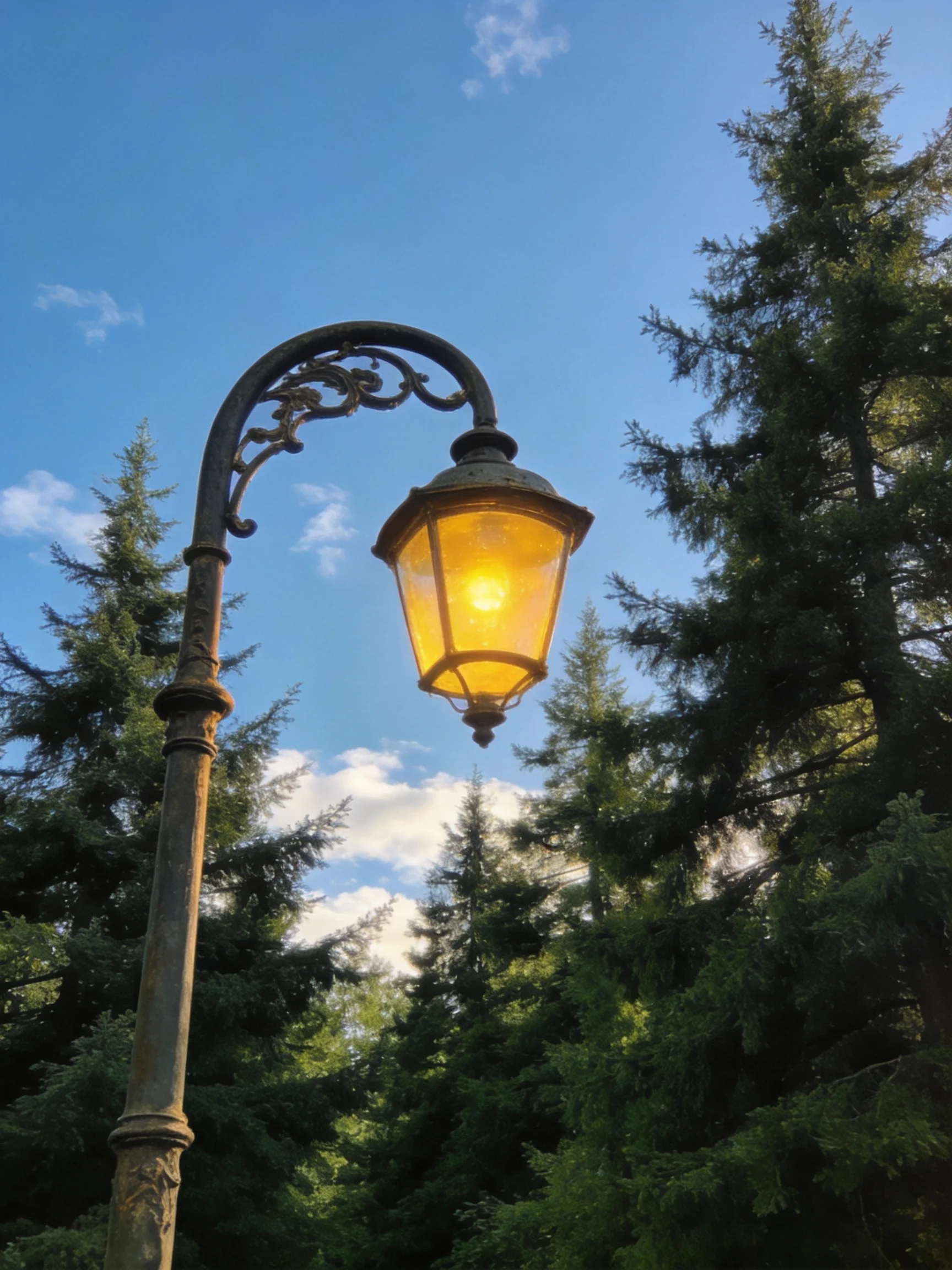 An ornate vintage streetlamp glows amid tall evergreen trees under a clear blue sky