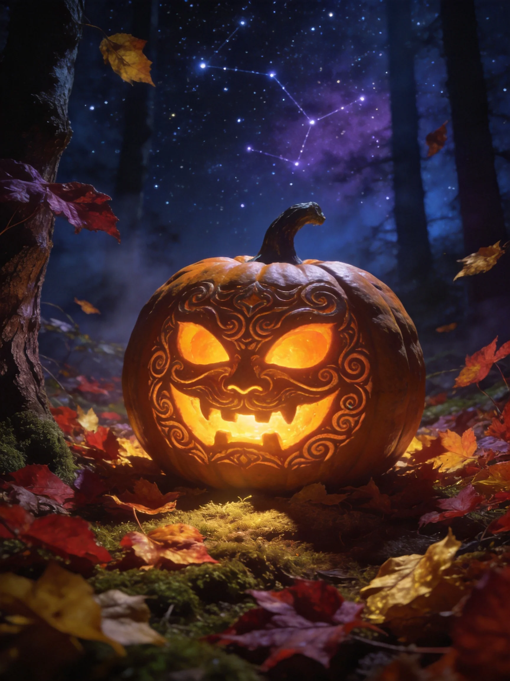 An ornately carved jack-o-lantern glows in an autumnal forest under a starry night.