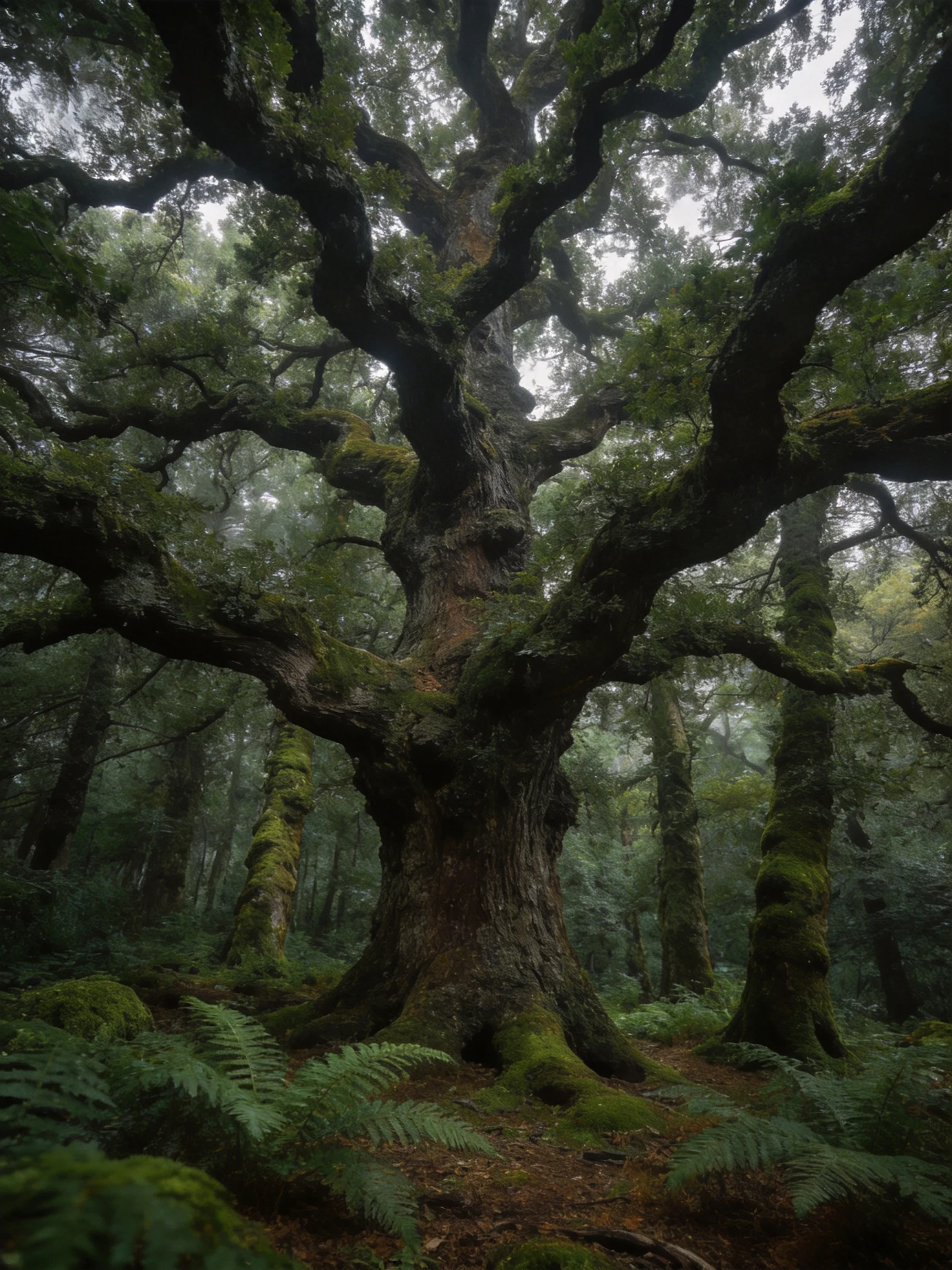 Ancient Moss-Covered Tree in Misty Forest with Ferns