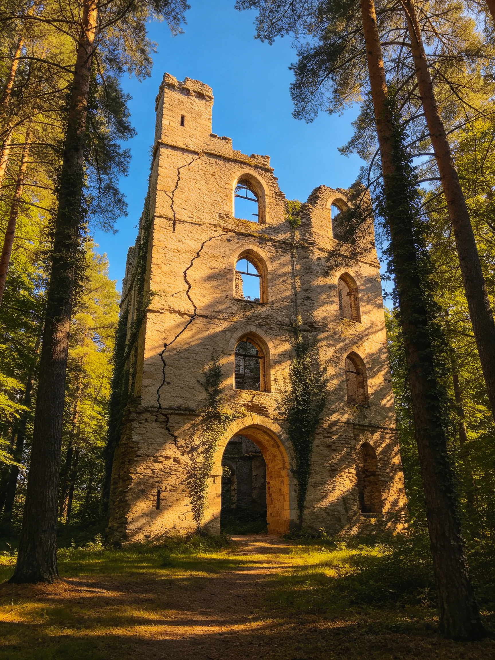 Ancient Stone Ruin Tower Amidst Lush Forest Greenery