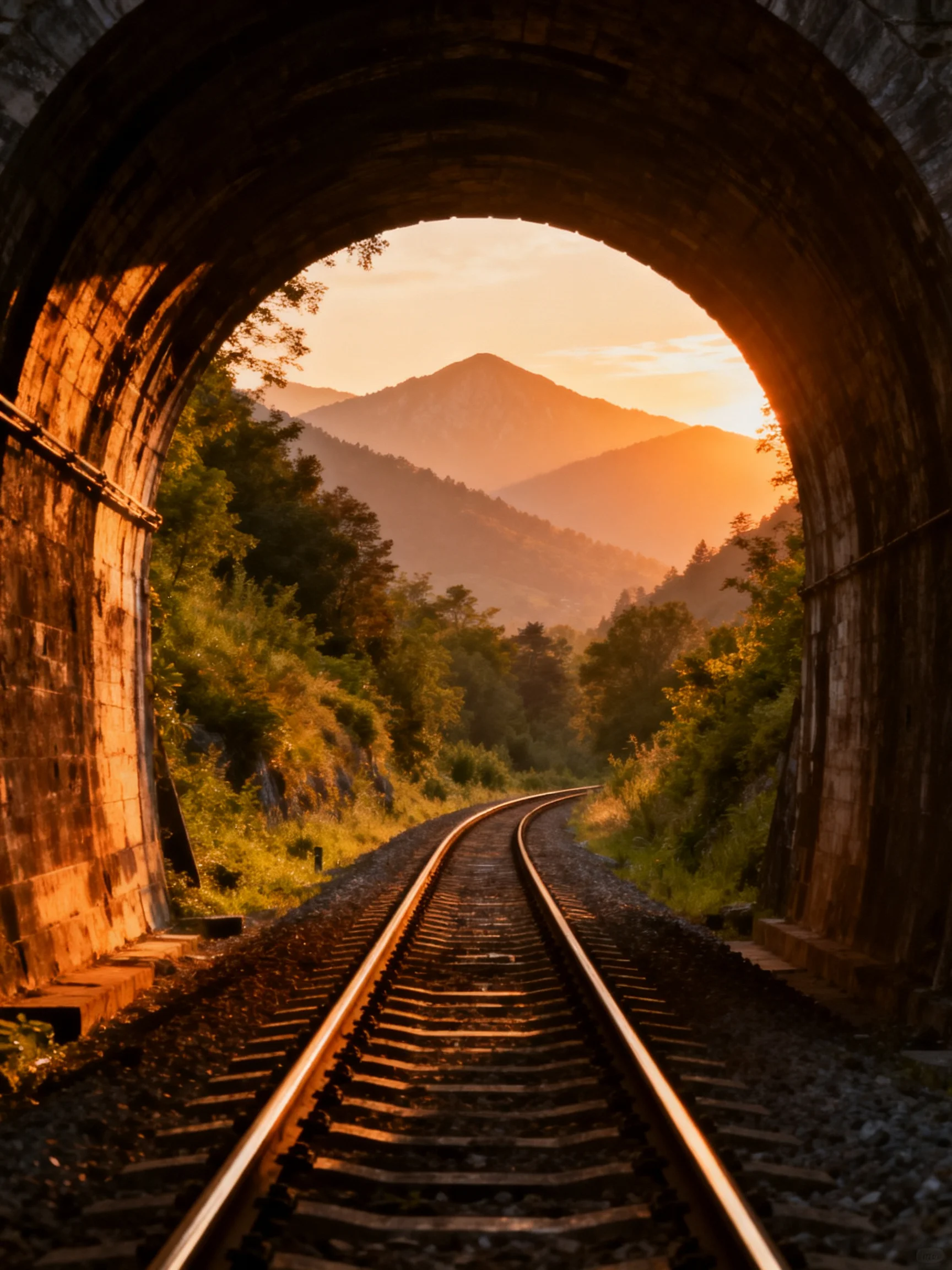 Ancient Stone Tunnel Frames Golden Sunset Over Railway Tracks