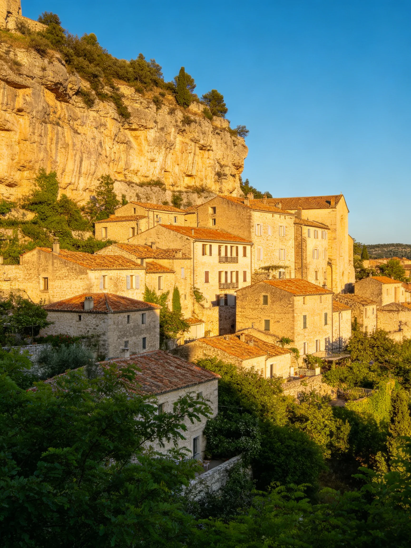 Ancient Stone Village Clinging to Sunlit Cliff Face
