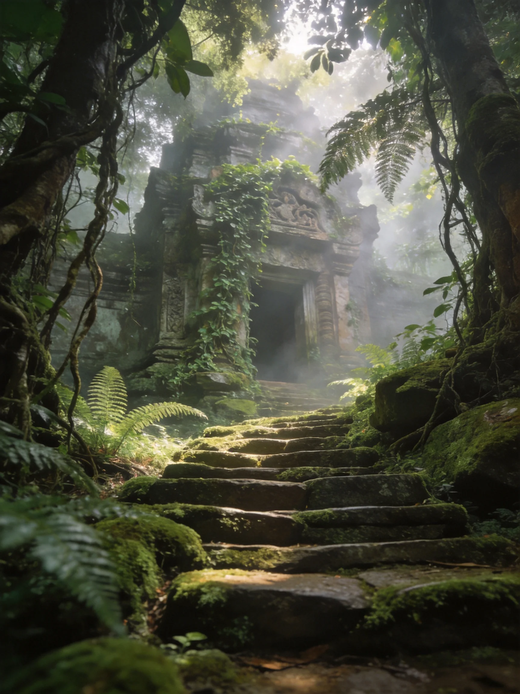 Ancient Temple Enveloped by Lush Green Jungle Vegetation