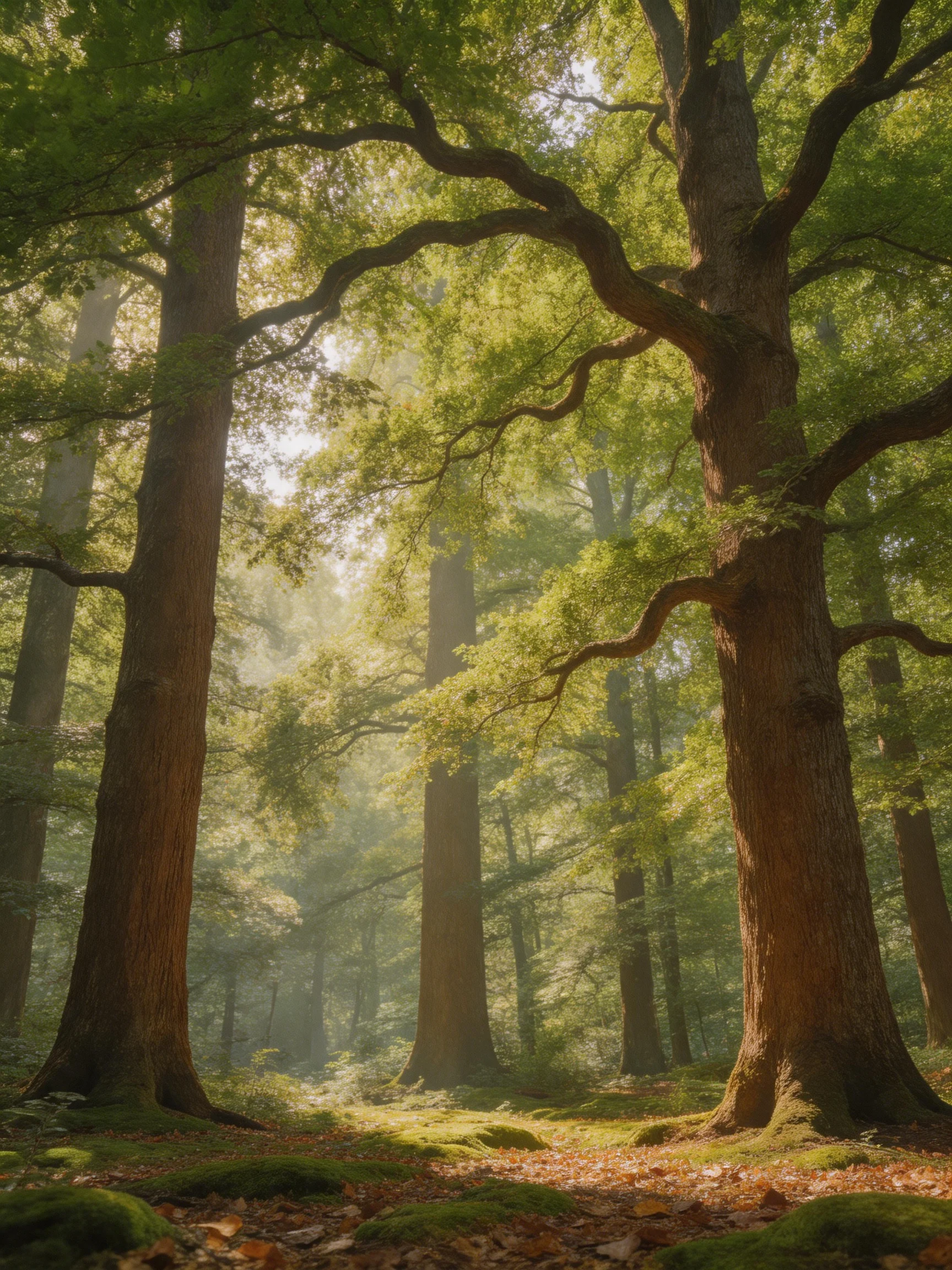 Ancient forest with towering trees and sunlit clearing