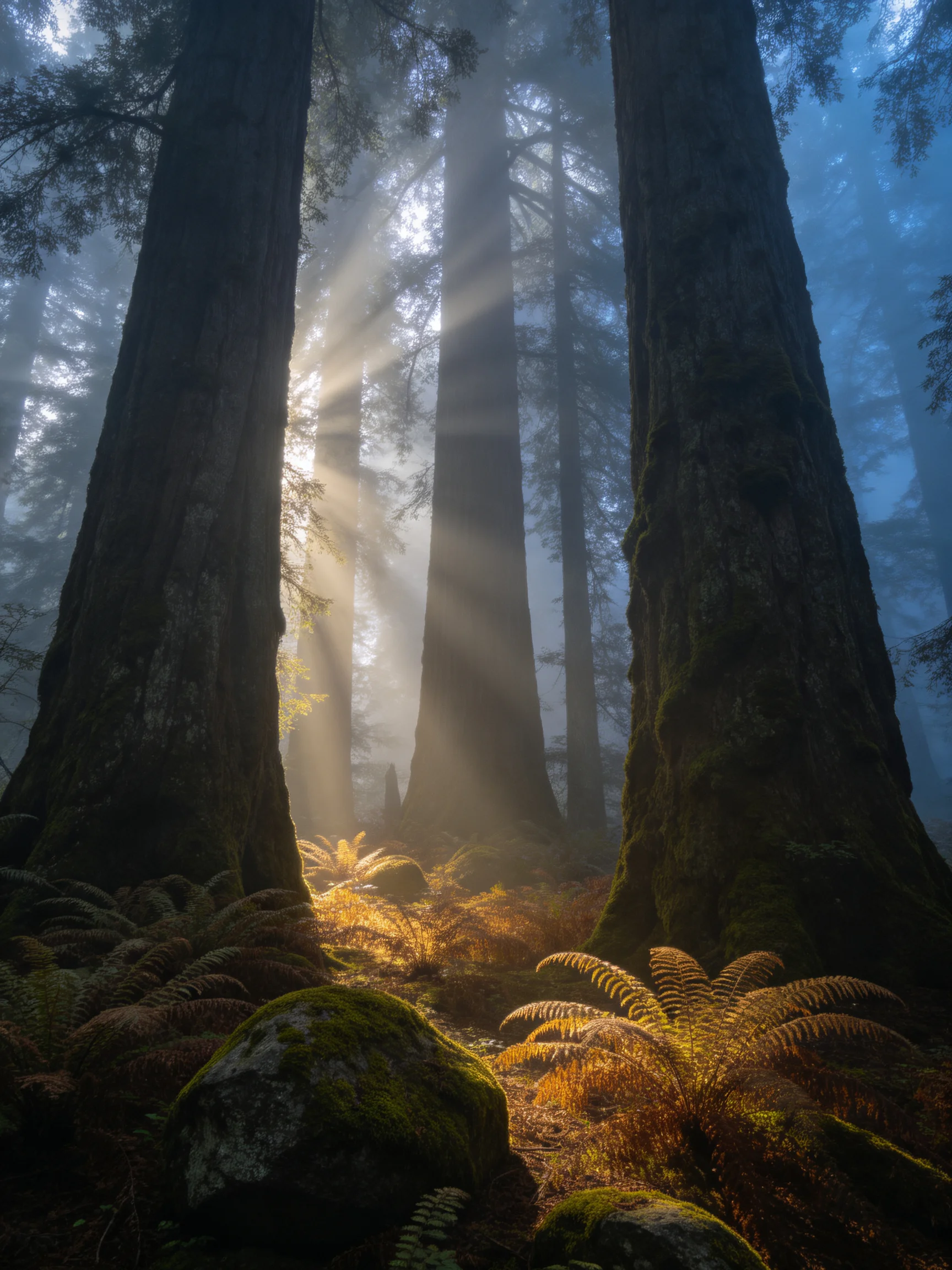 Ancient giant trees tower over misty forest with golden ferns and sunbeams