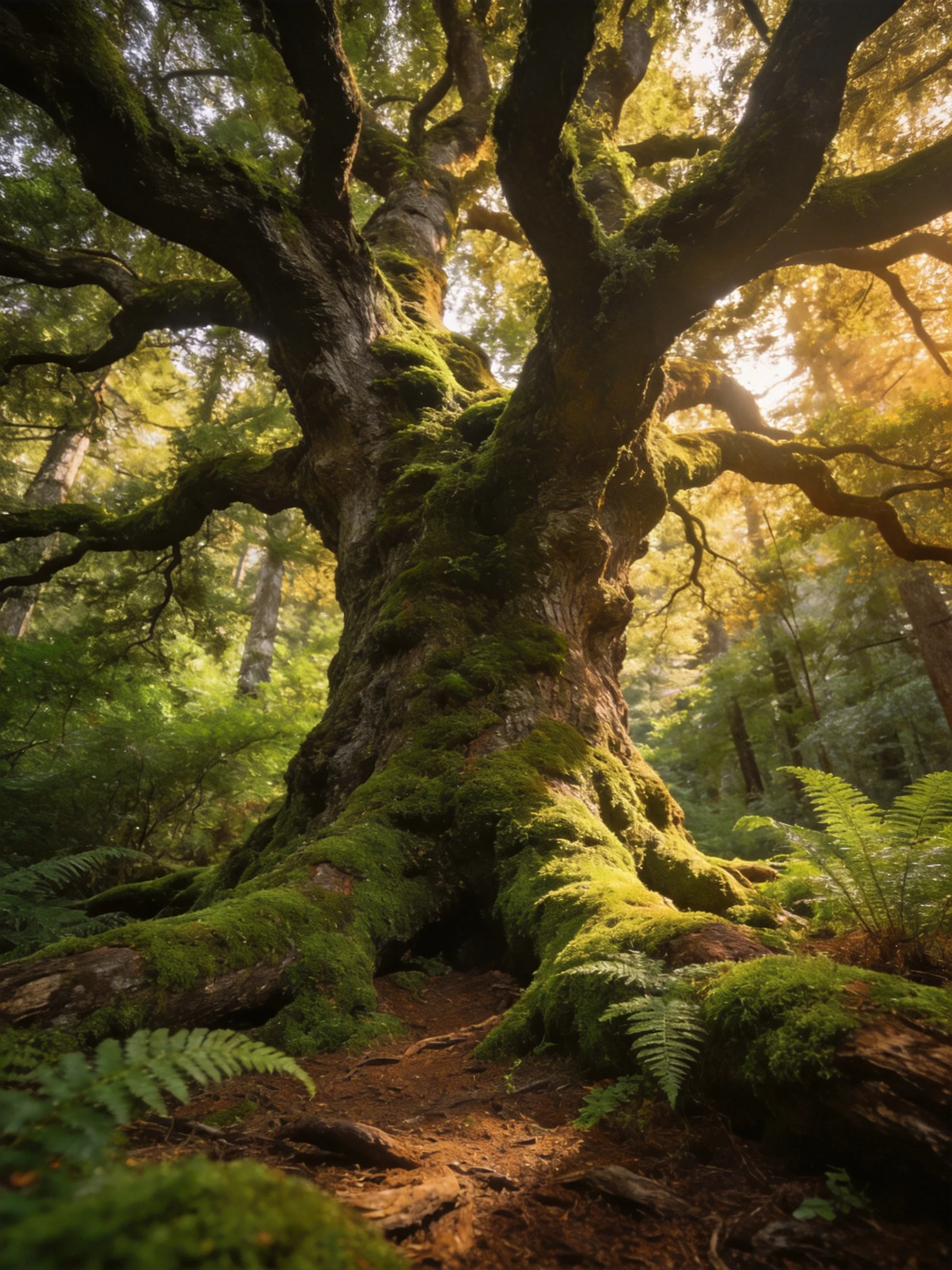 Ancient moss-covered giant tree in sun-dappled forest