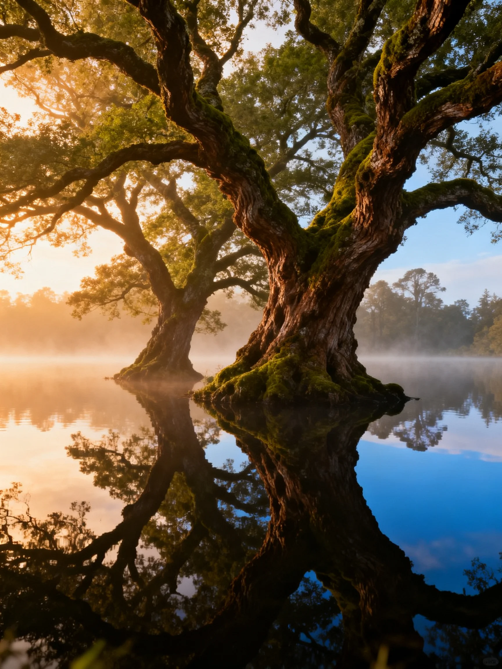Ancient moss-covered trees reflected in calm morning waters