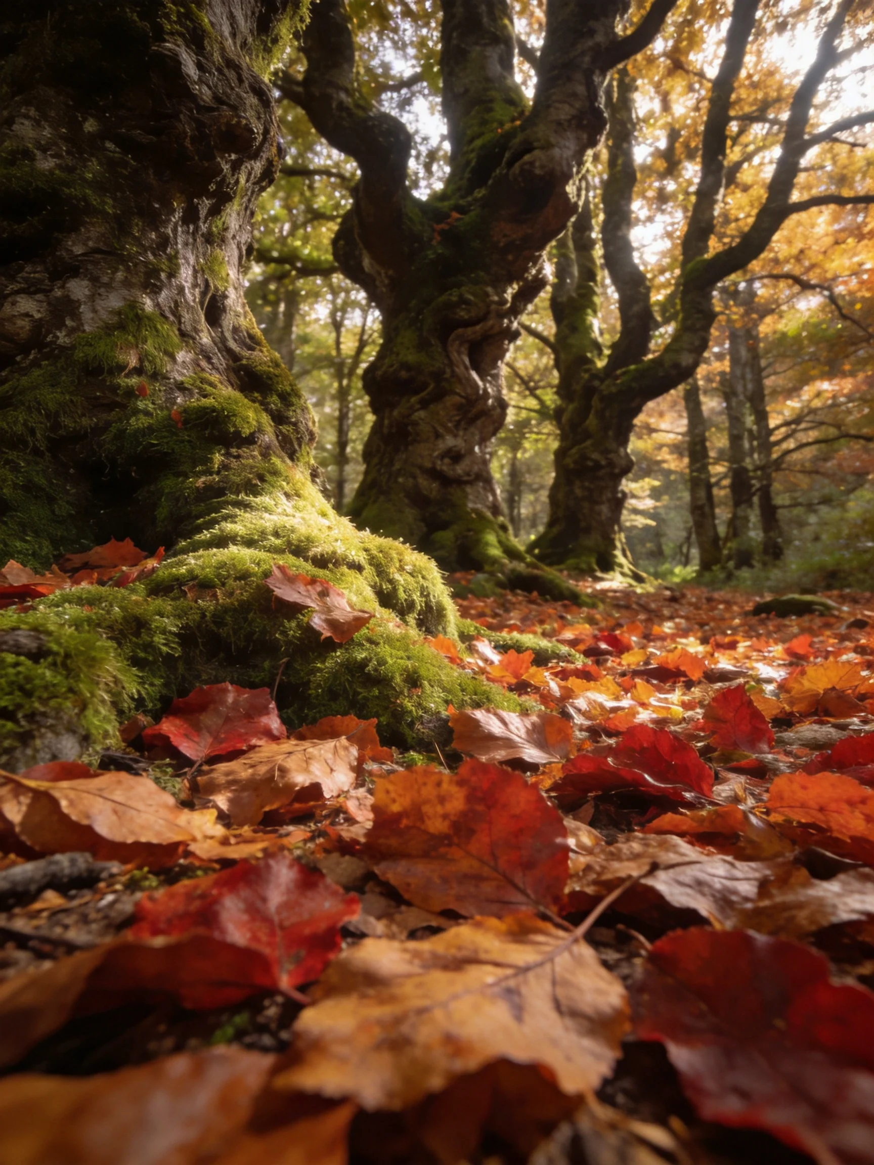 Ancient moss-covered trees with vibrant autumn leaves scattered on forest floor