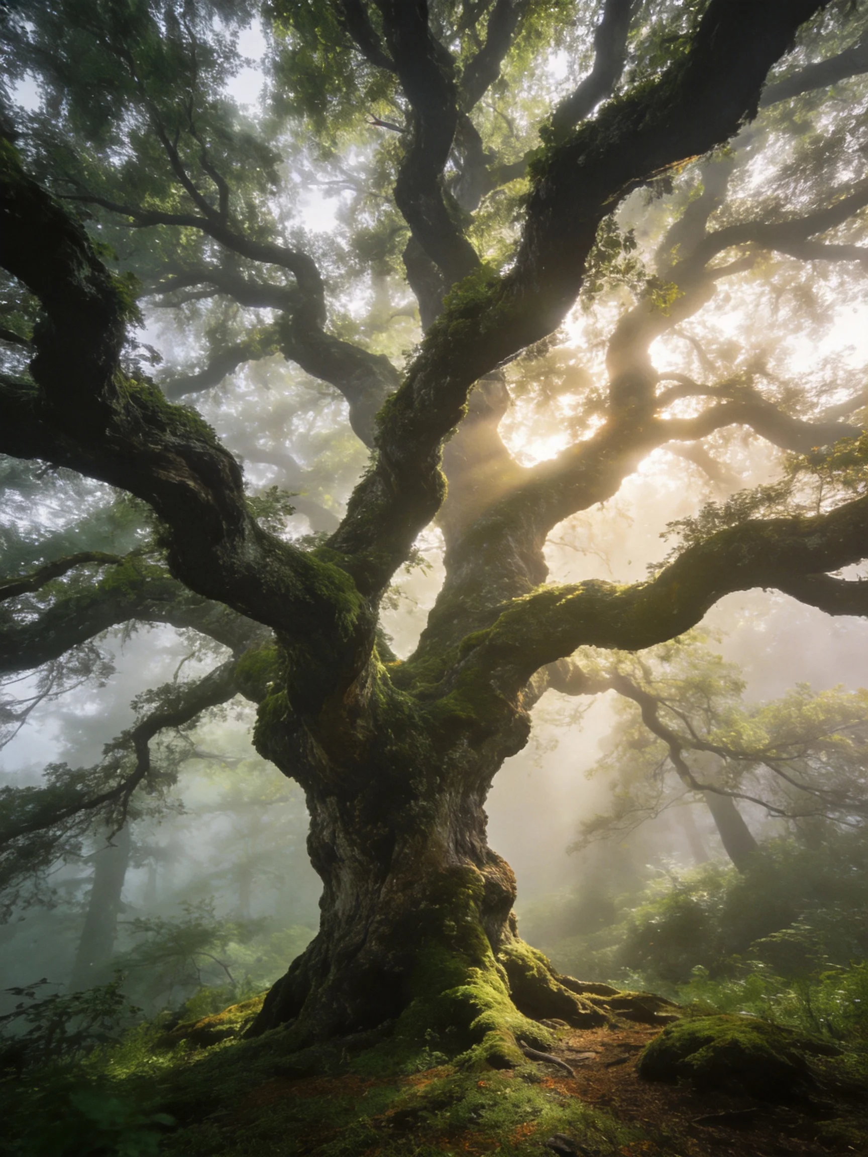 Ancient moss-draped oak dominates misty forest with golden sunlight