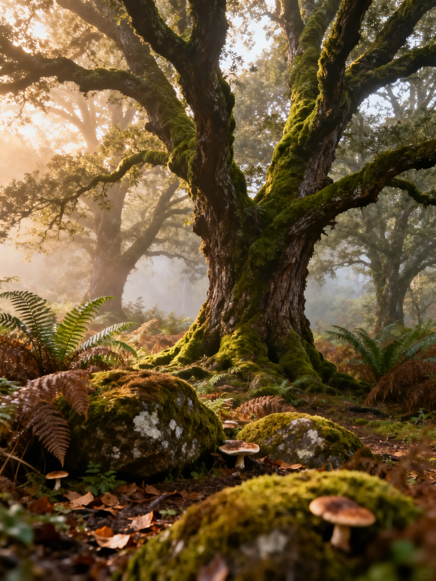 Ancient oak tree in moss-draped forest with ferns and mushrooms