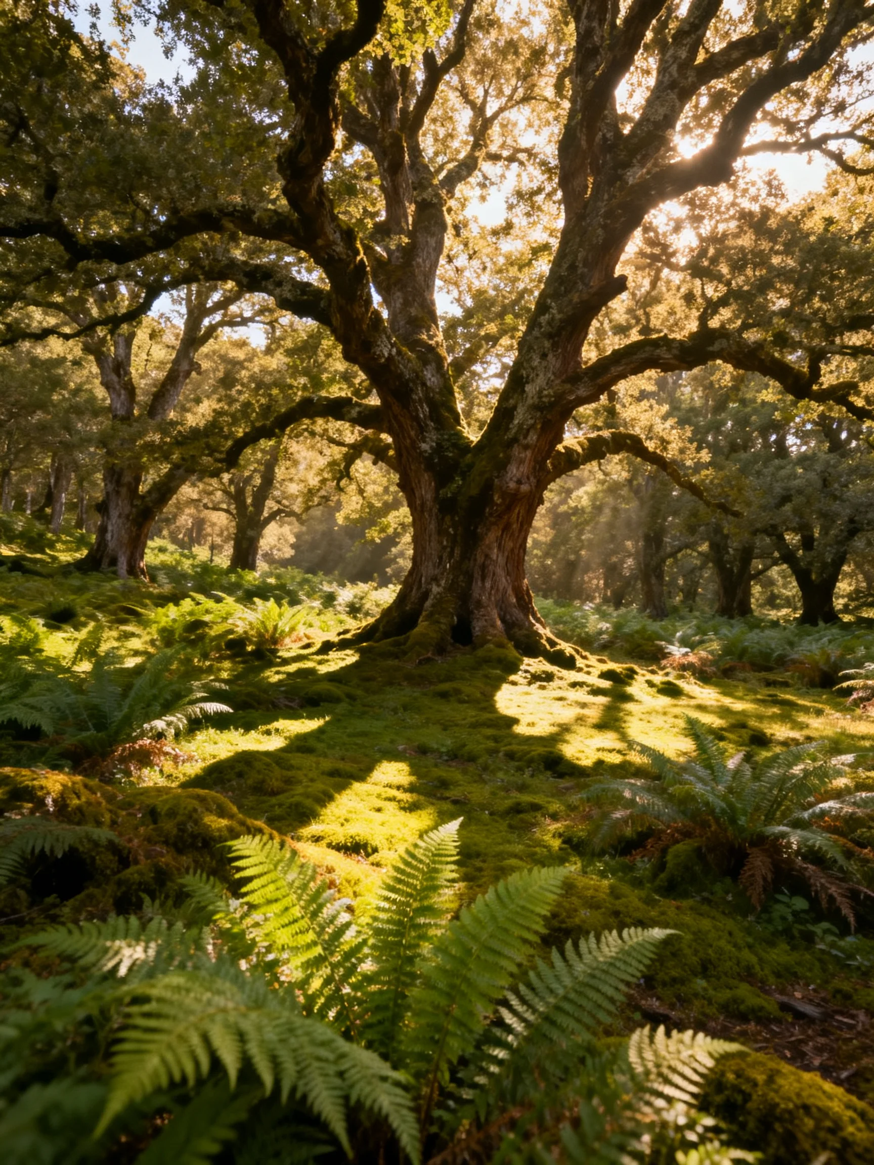 Ancient oak tree surrounded by lush ferns and mossy ground