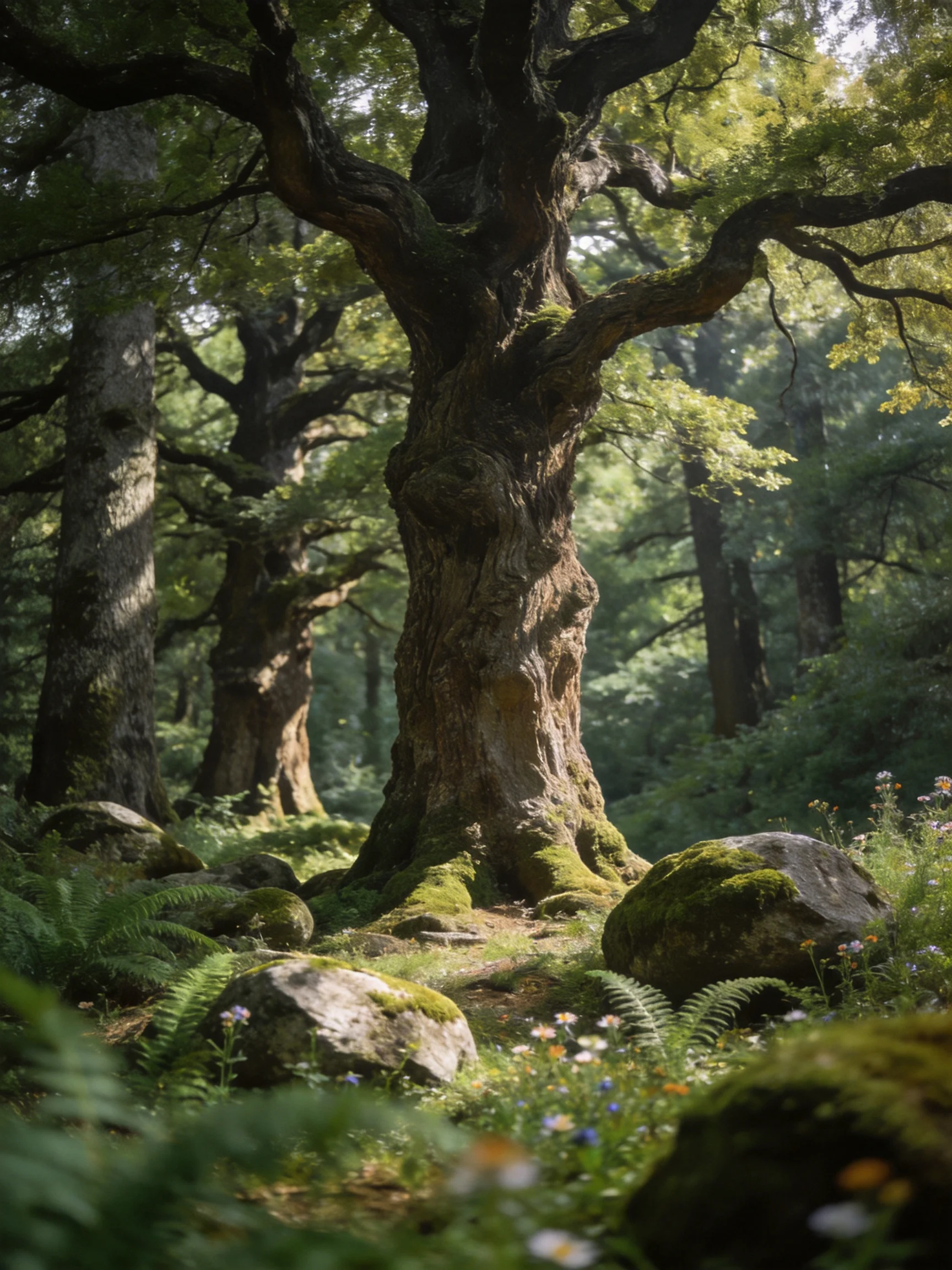 Ancient oak tree surrounded by moss-covered rocks and ferns