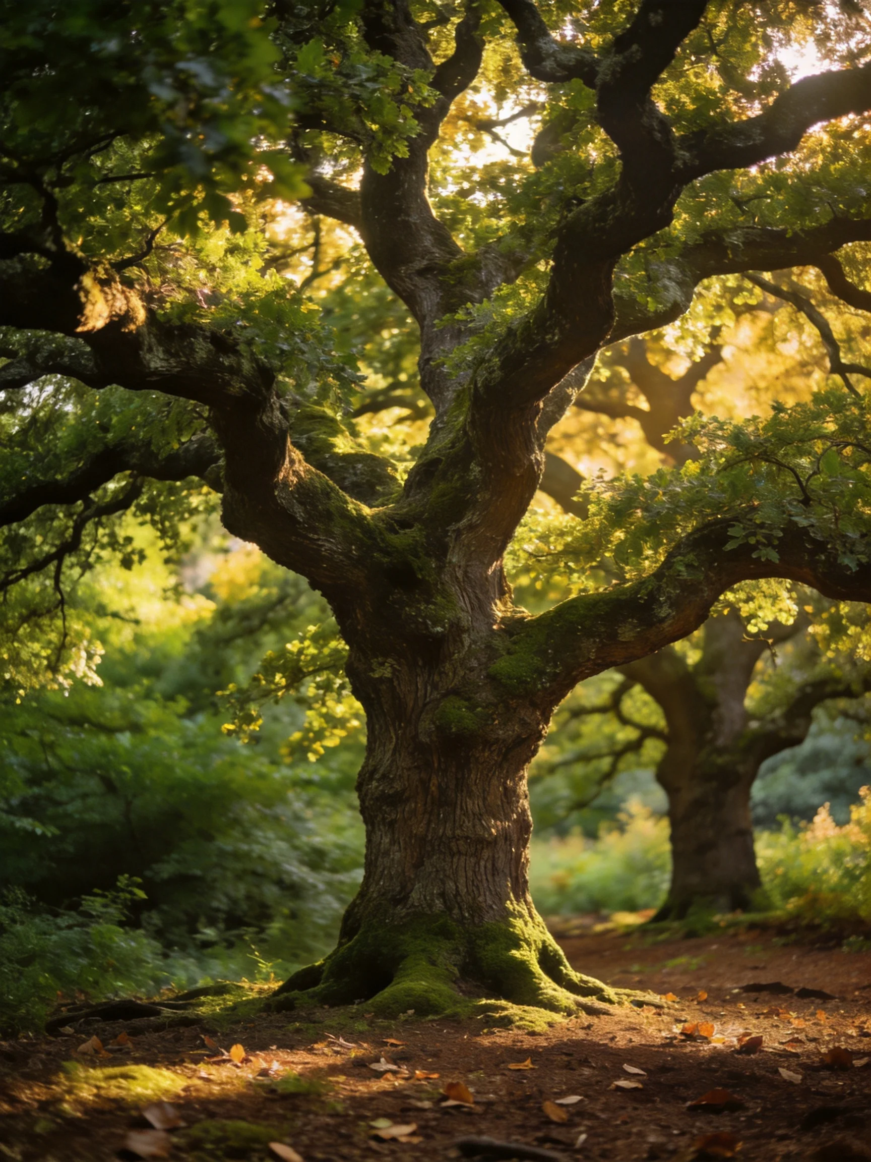 Ancient oak trees bathed in golden sunlight amidst lush greenery