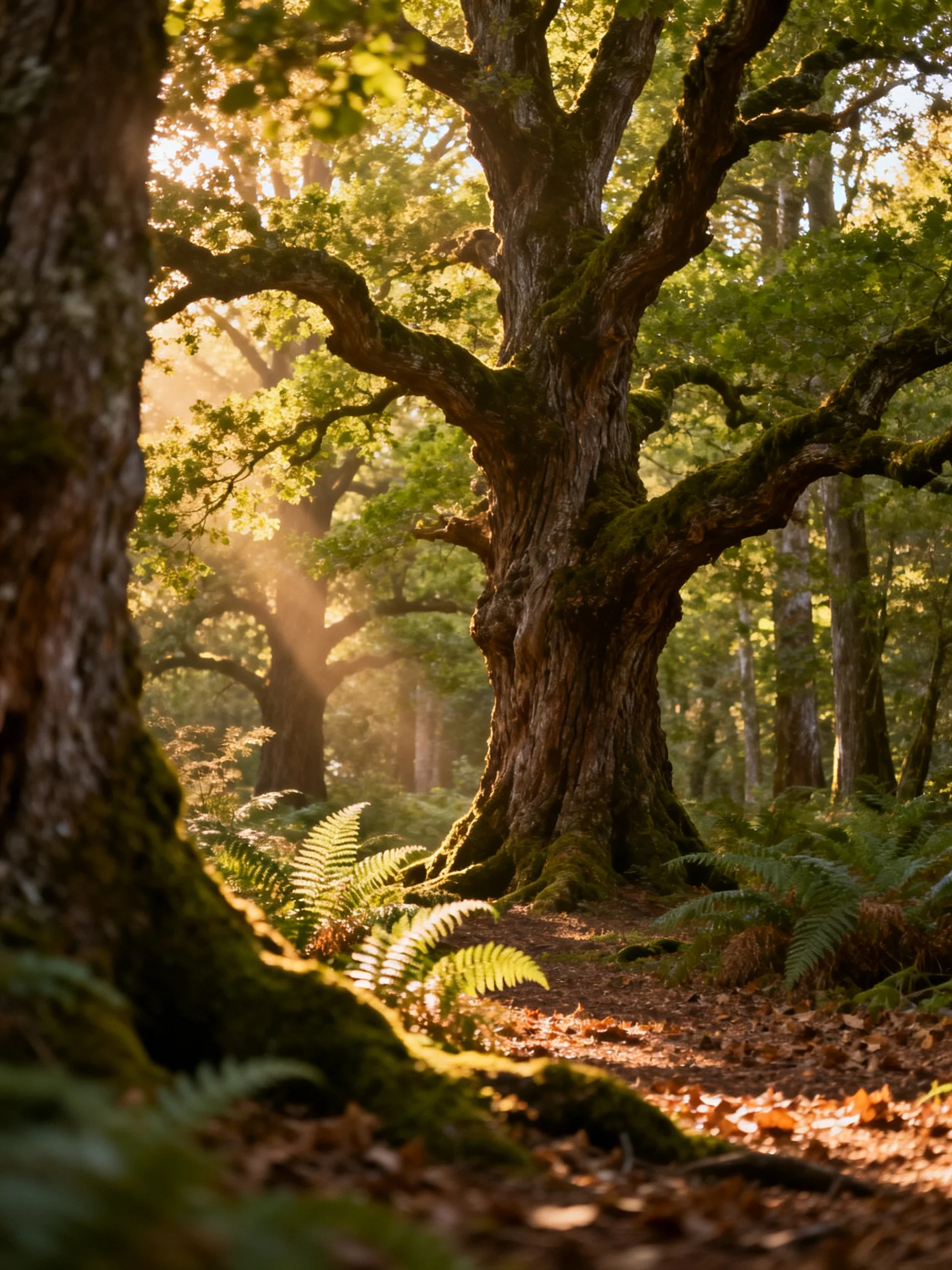 Ancient oak trees bathed in golden sunlight with moss-covered trunks