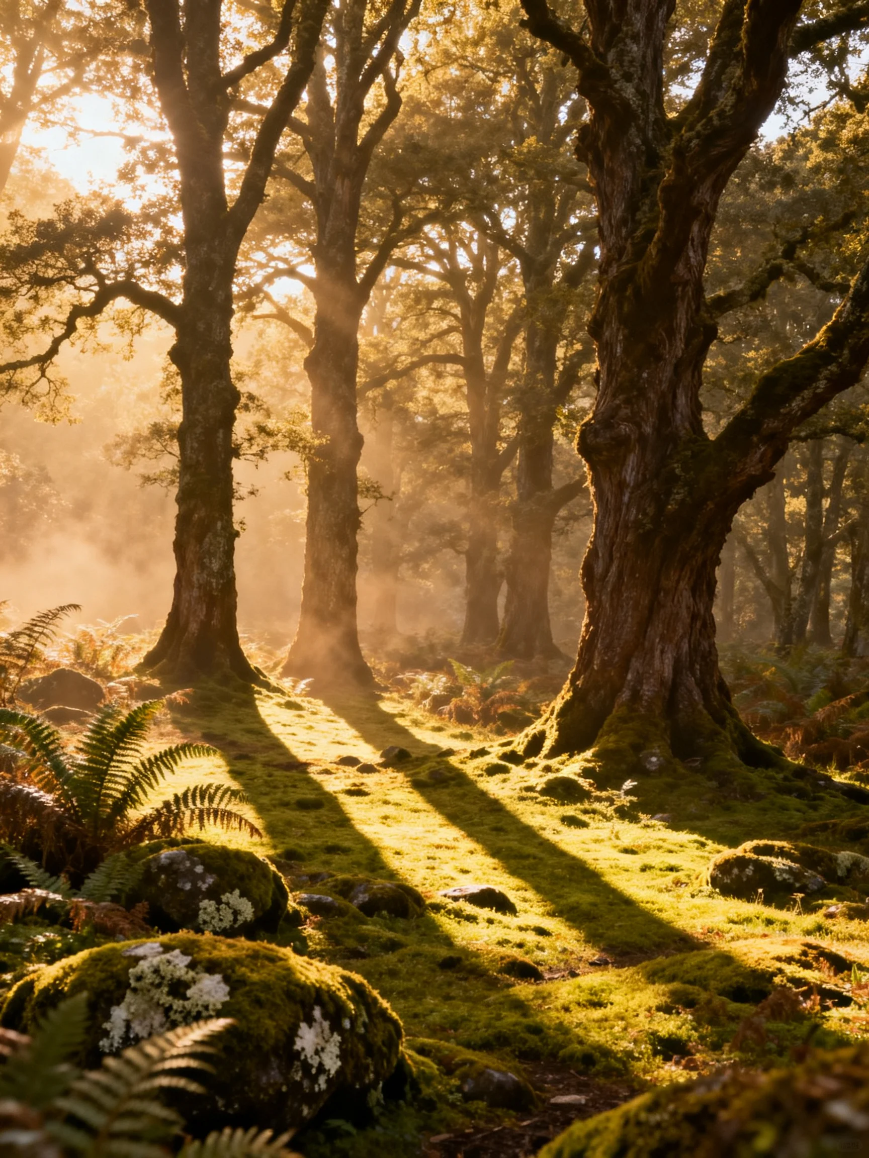 Ancient oak trees in a misty forest bathed in golden light