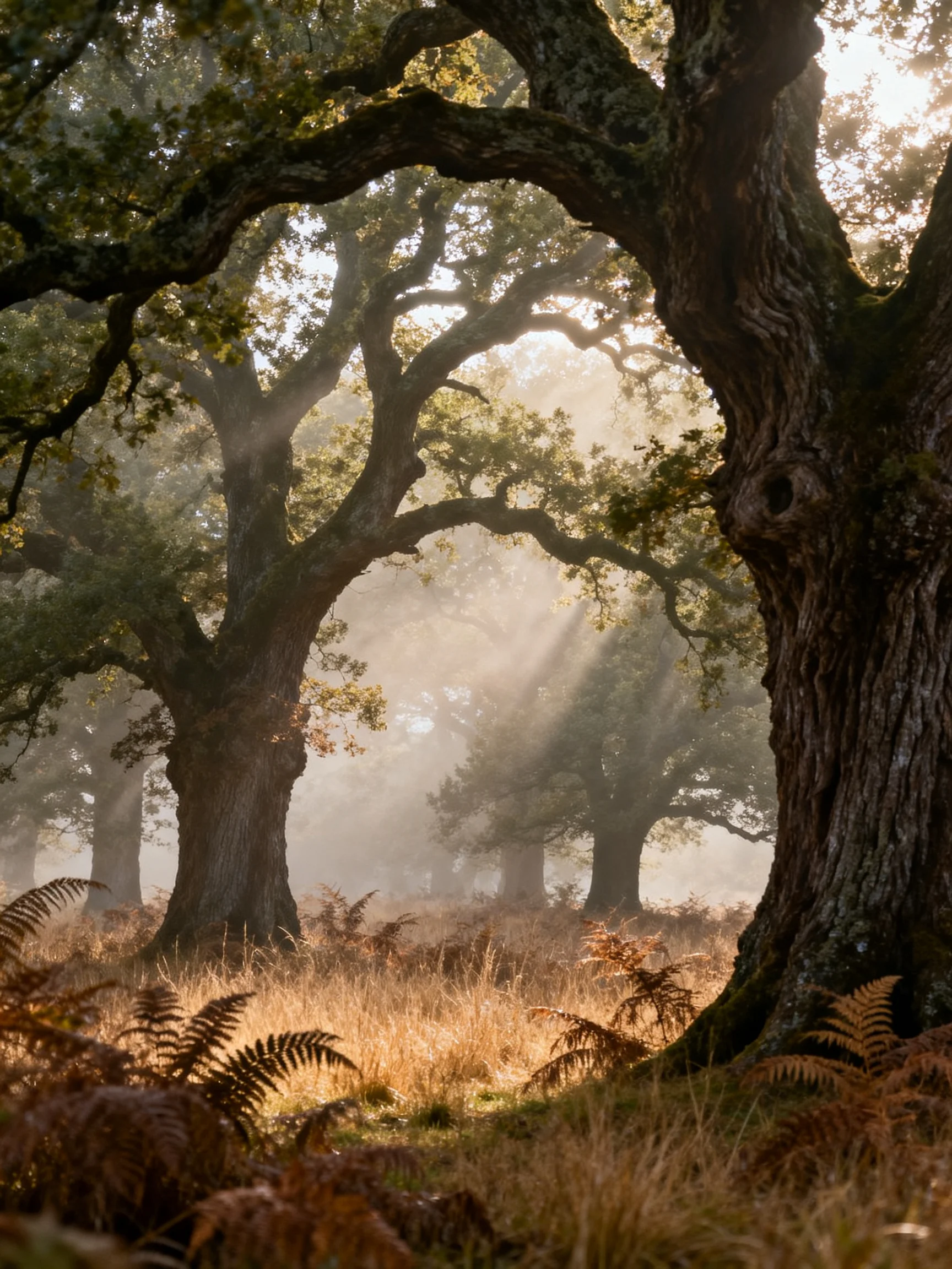 Ancient oak trees in a misty golden forest with ferns
