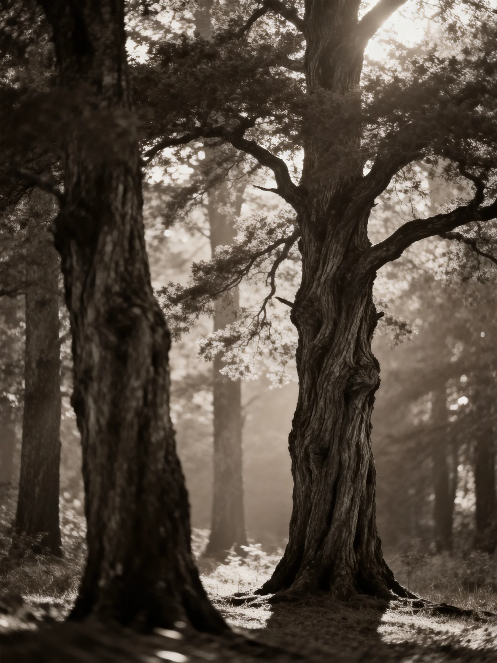 Ancient oak trees stand tall in sunlit forest glade