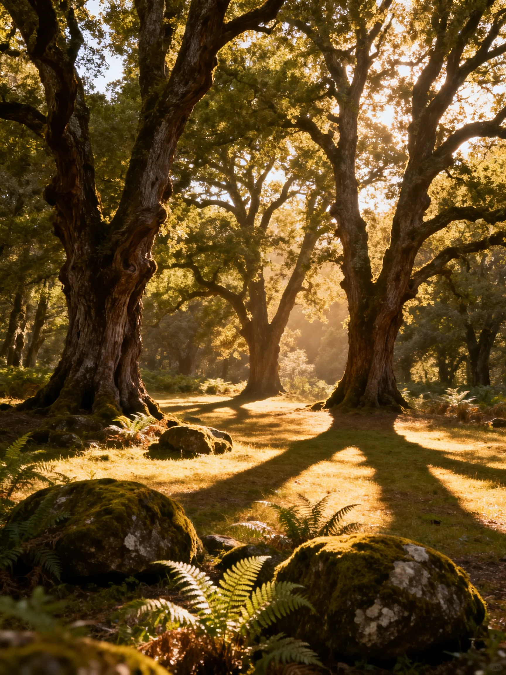 Ancient oak trees with moss-covered rocks in golden sunlight