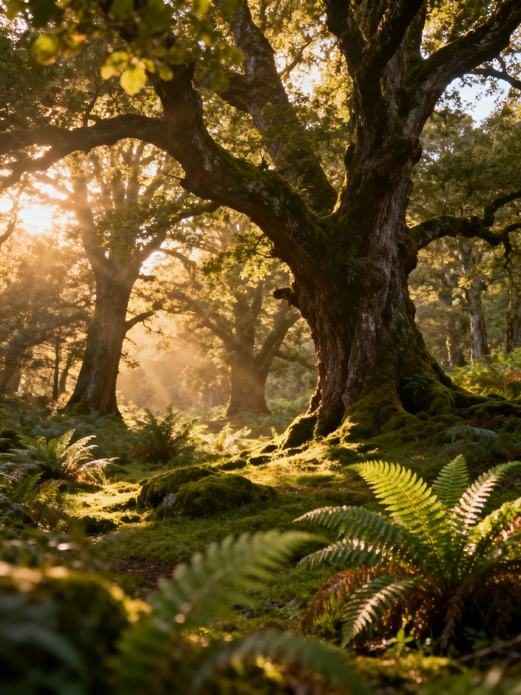 Ancient oak trees with mossy trunks in sun-dappled forest