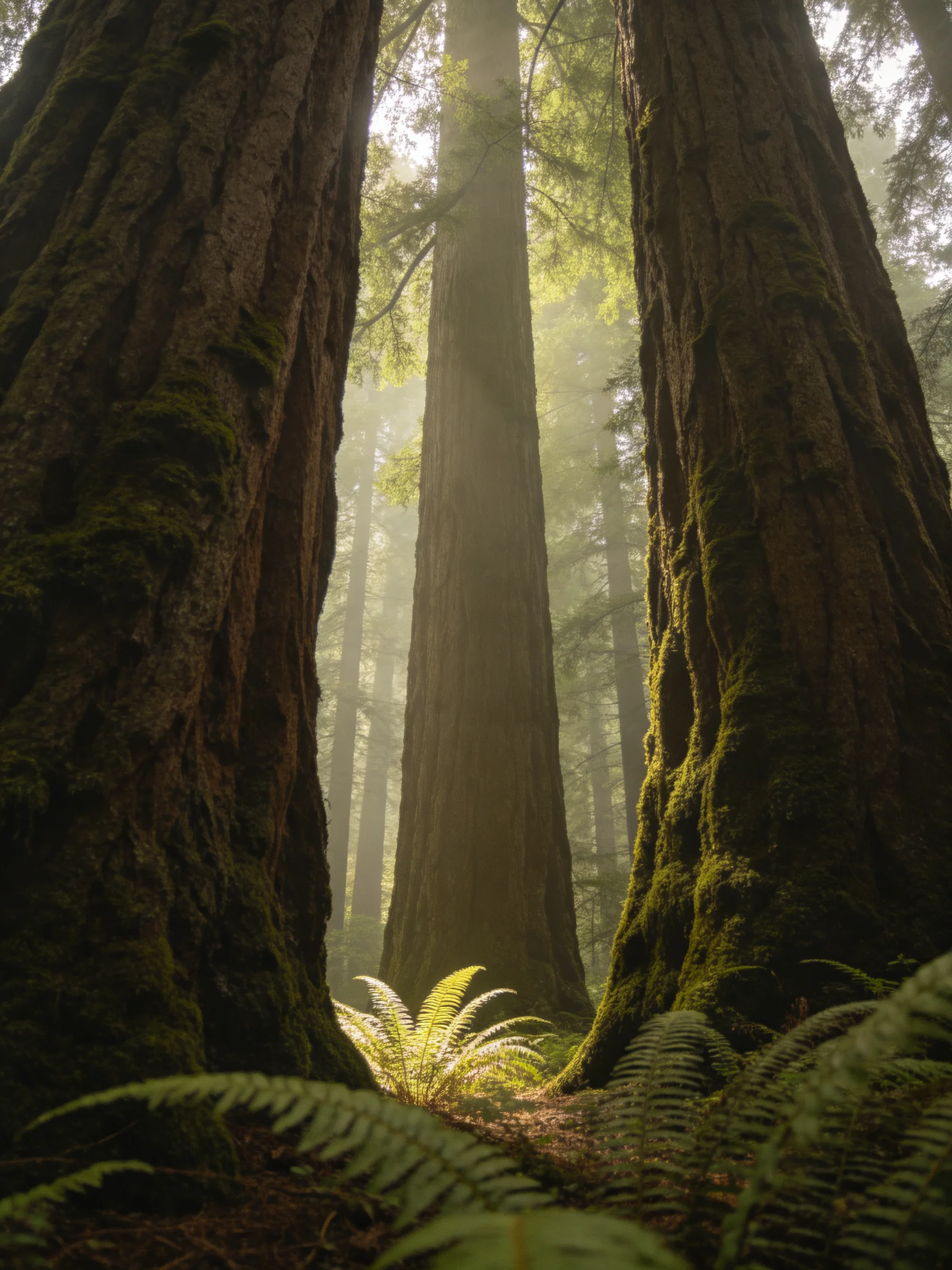 Ancient redwood trees with mossy trunks and ferns in misty forest