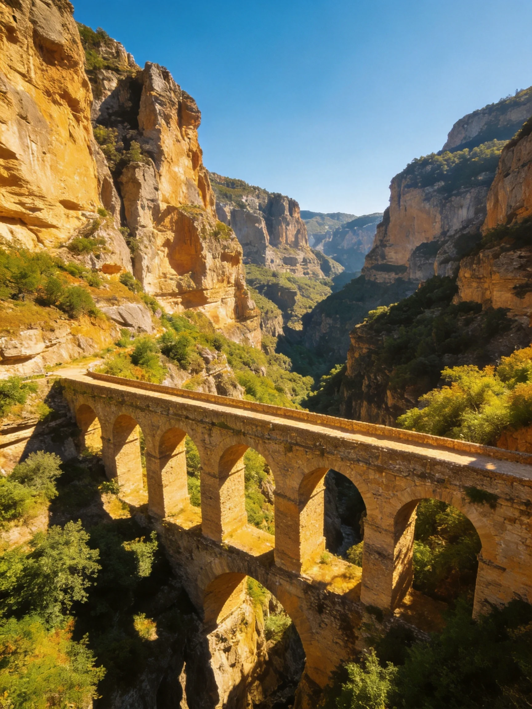 Ancient stone aqueduct spans a deep, rocky canyon with golden cliffs