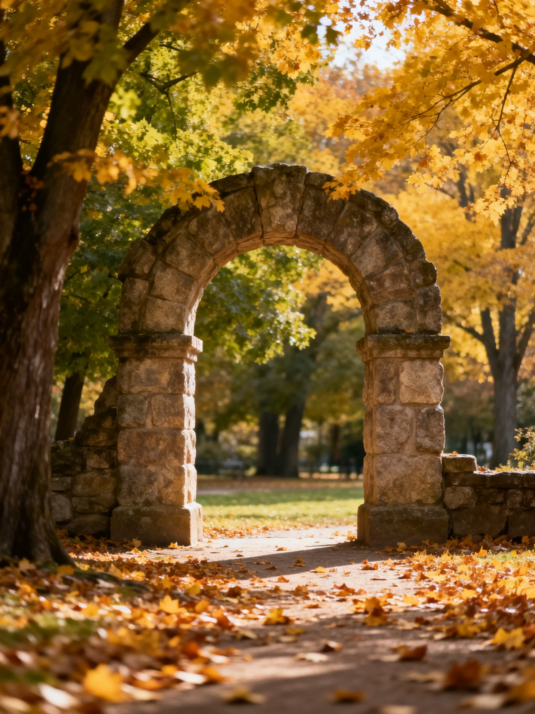 Ancient stone arch amid golden autumn foliage and fallen leaves
