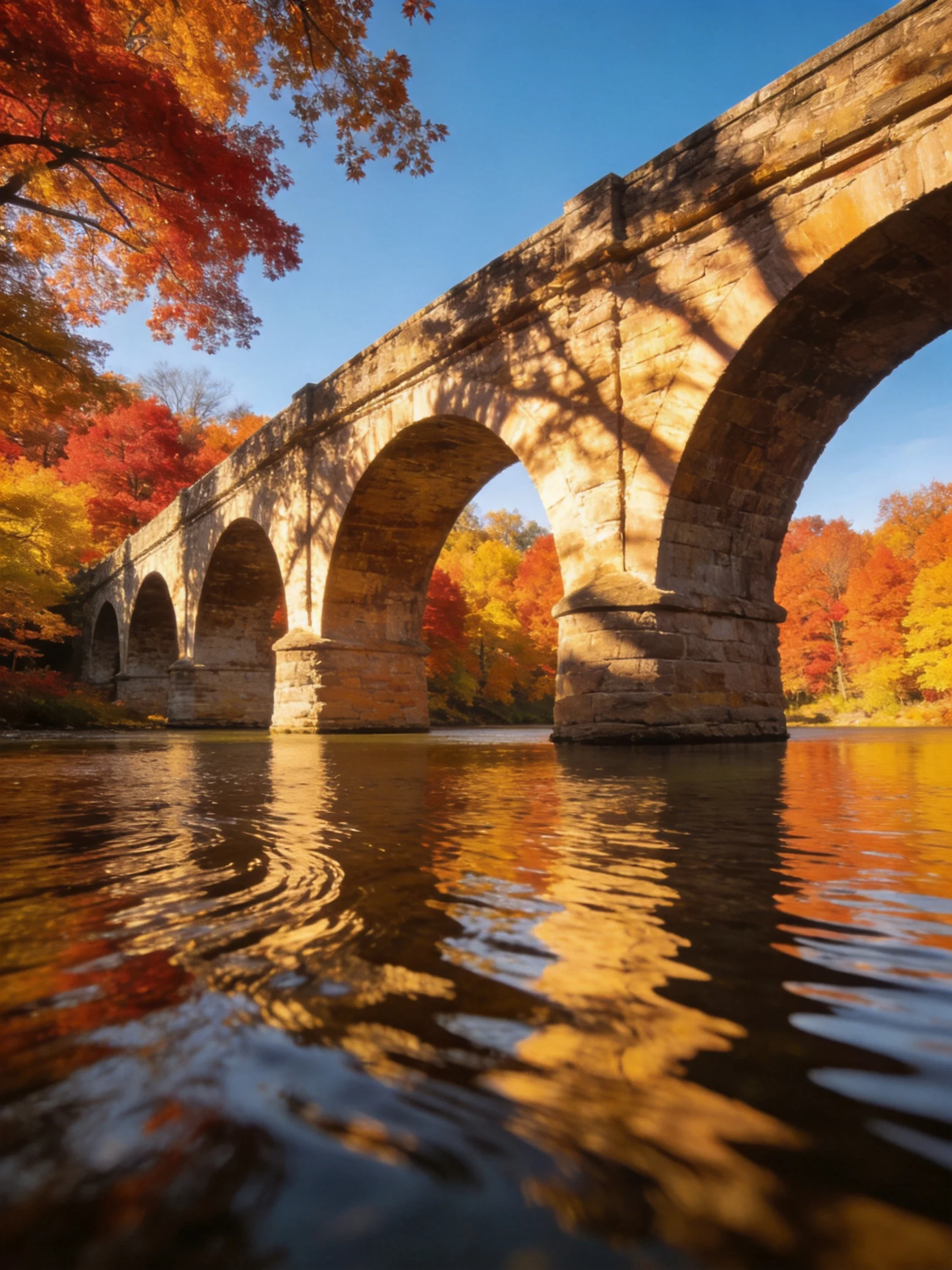 Ancient stone arch bridge spans calm river amid vibrant fall foliage