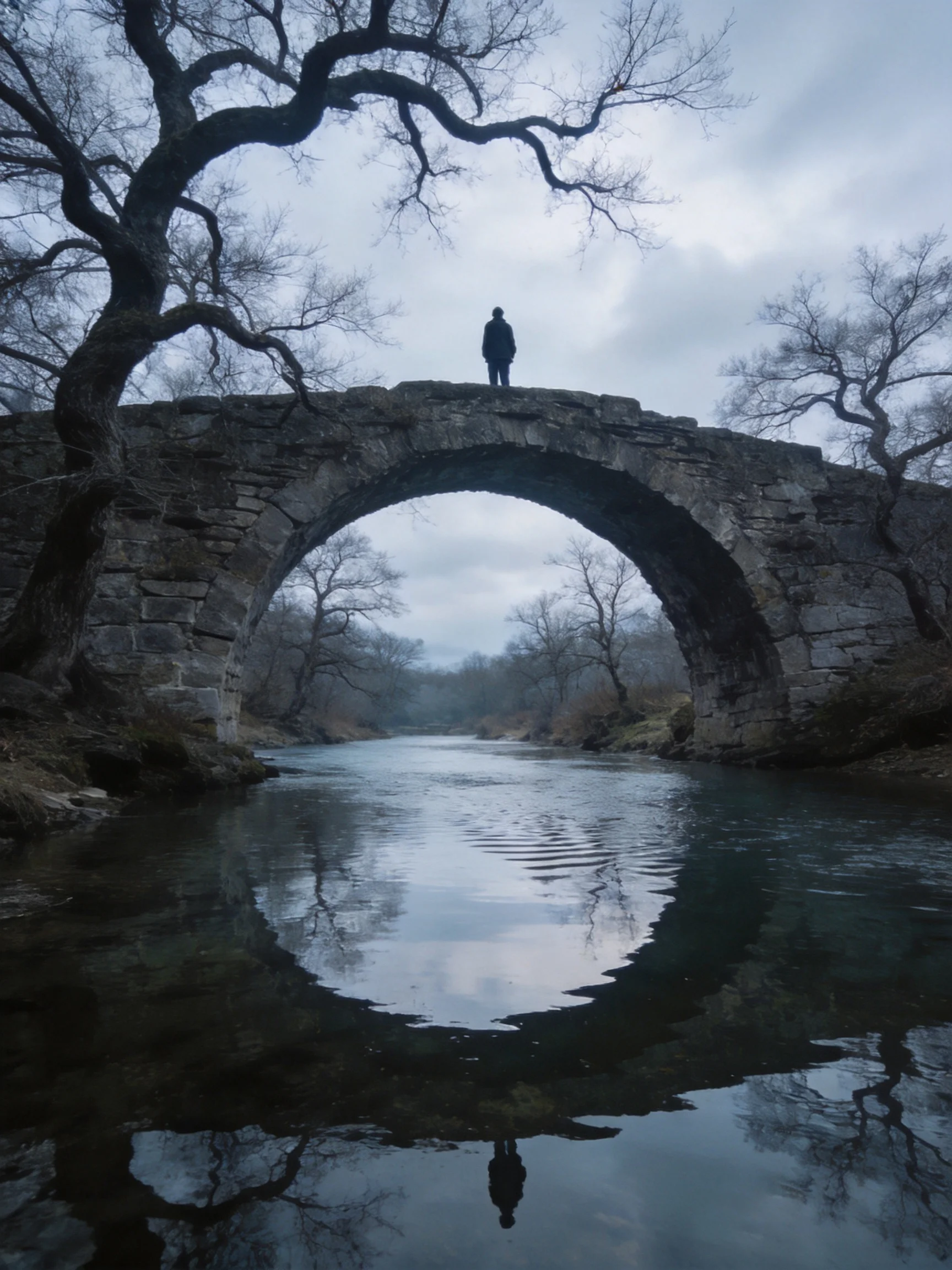 Ancient stone arch bridge spans calm water near bare trees