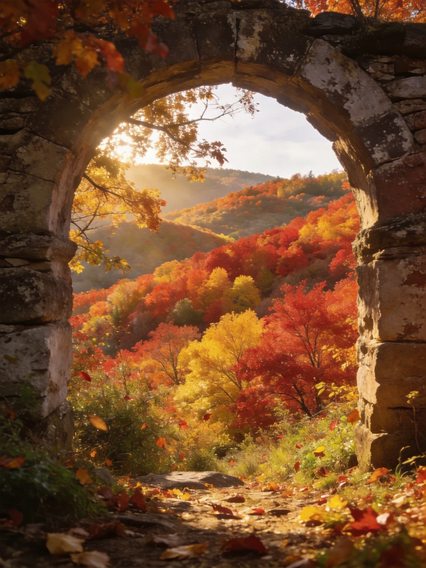 Ancient stone arch frames vibrant fall forest scenery