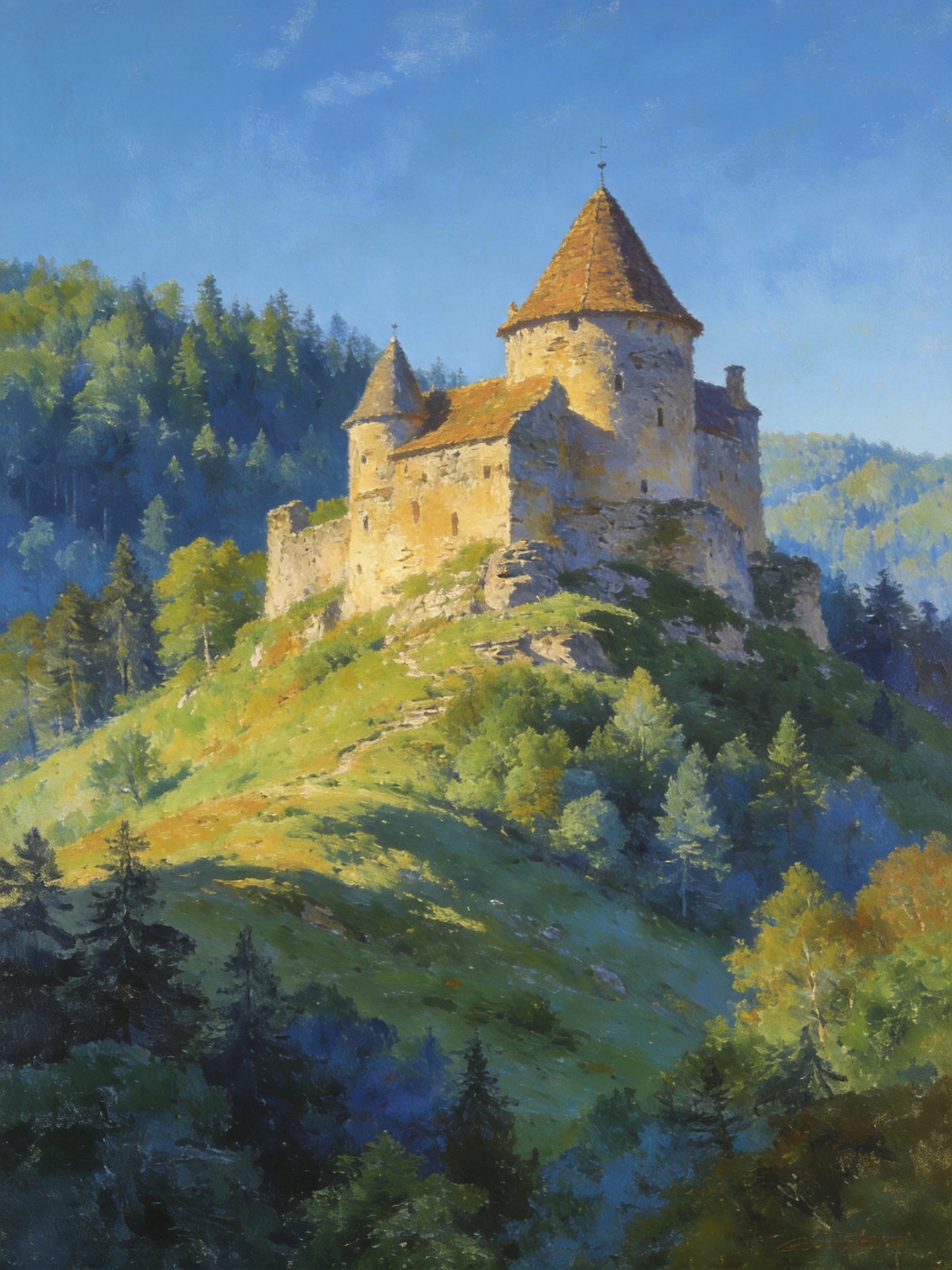 Ancient stone castle atop a lush forested hillside