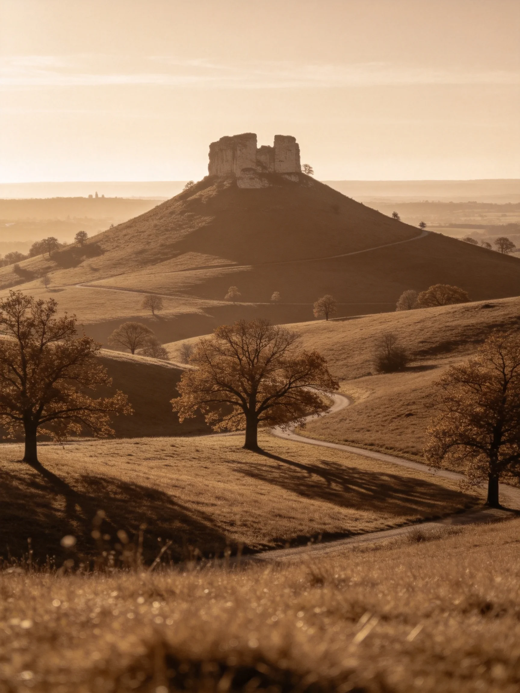 Ancient stone castle atop a rolling hillside in golden light