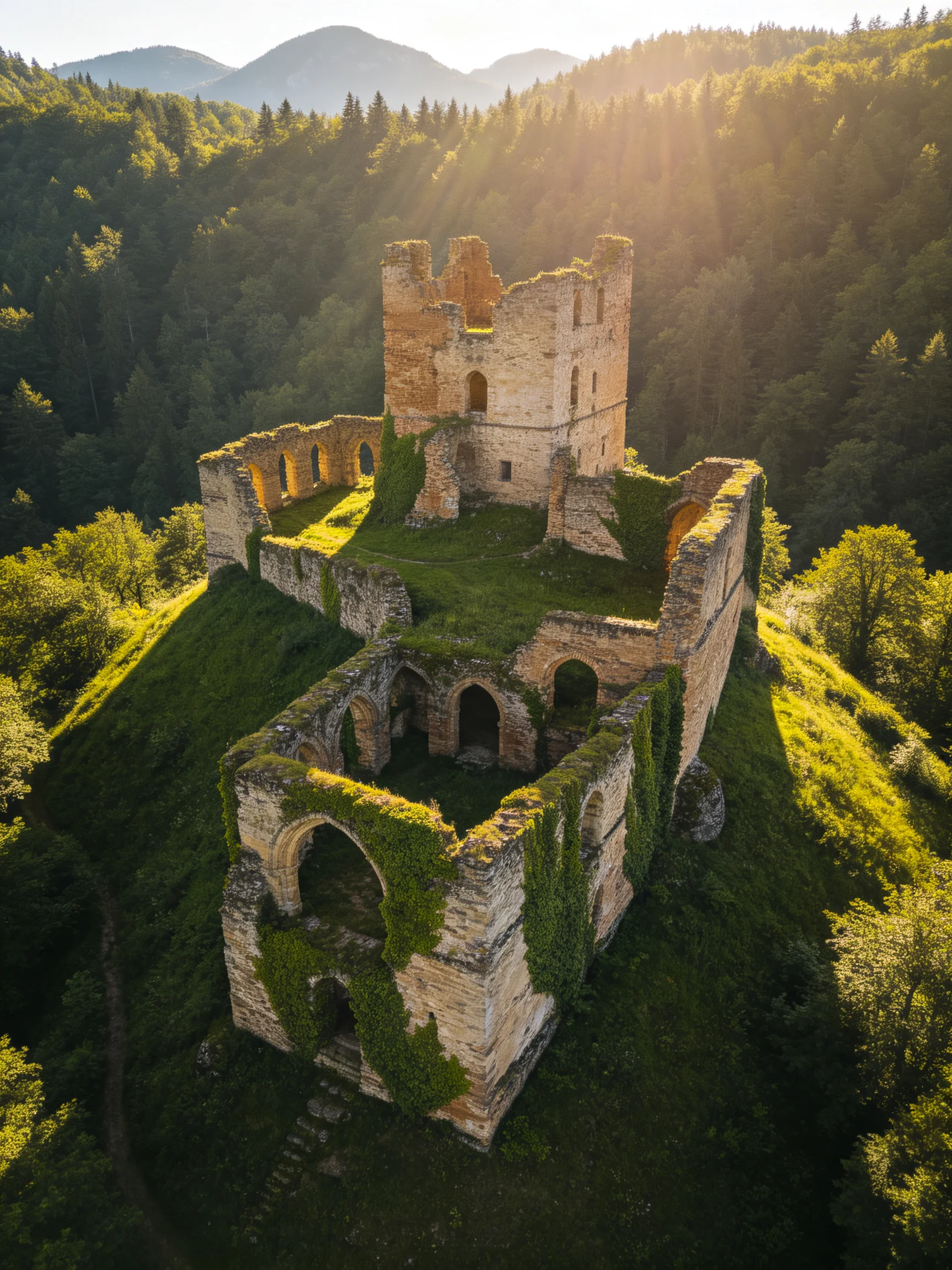 Ancient stone castle ruins atop a lush forested hill