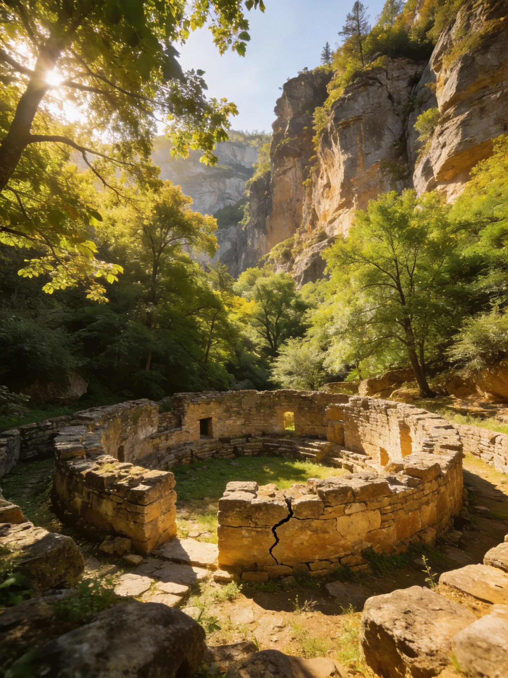 Ancient stone ruins nestled among lush greenery and rocky cliffs