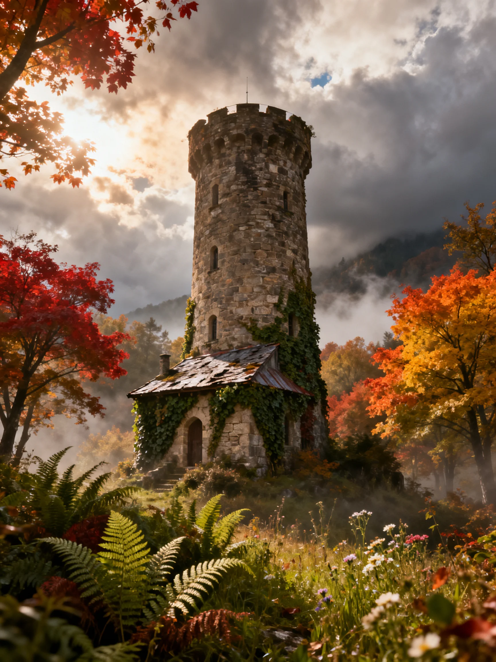 Ancient stone tower in autumn forest with misty backdrop