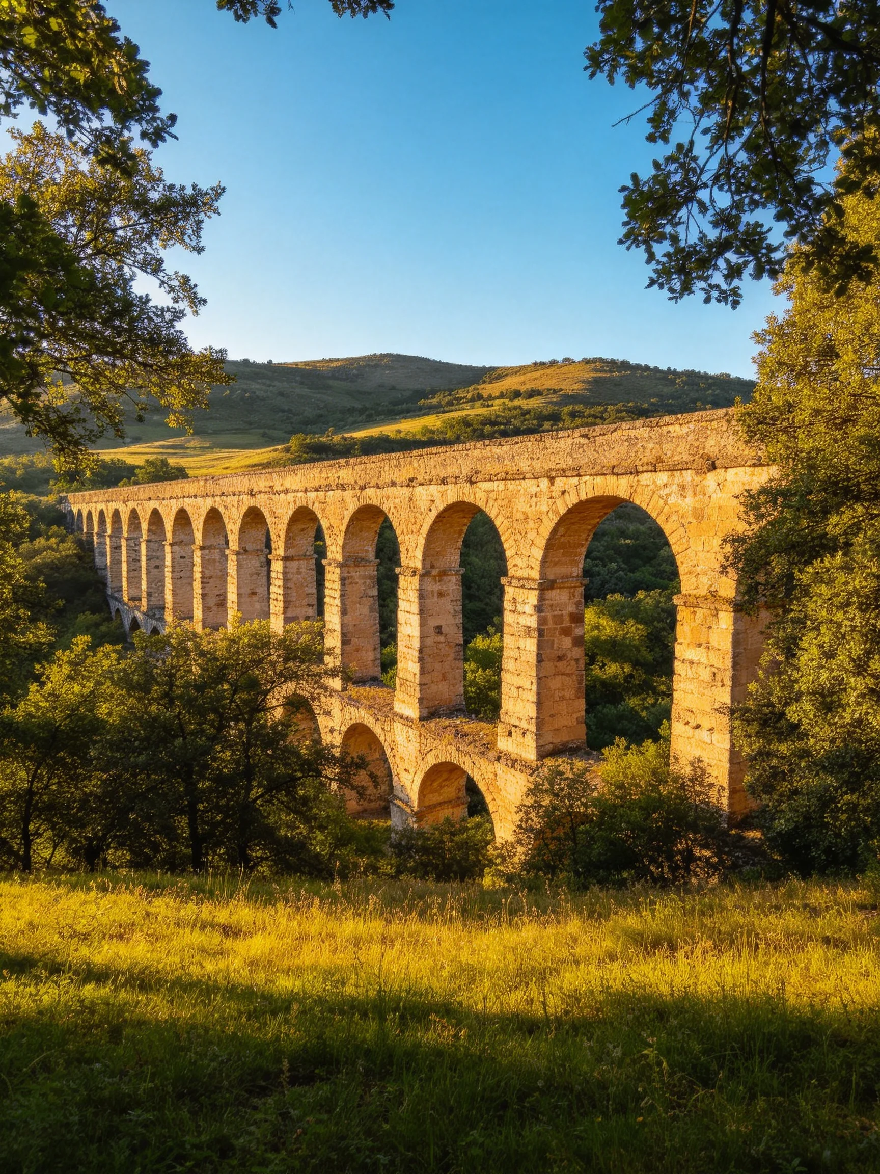 Ancient stoneaqueduct spans verdant valley under golden light