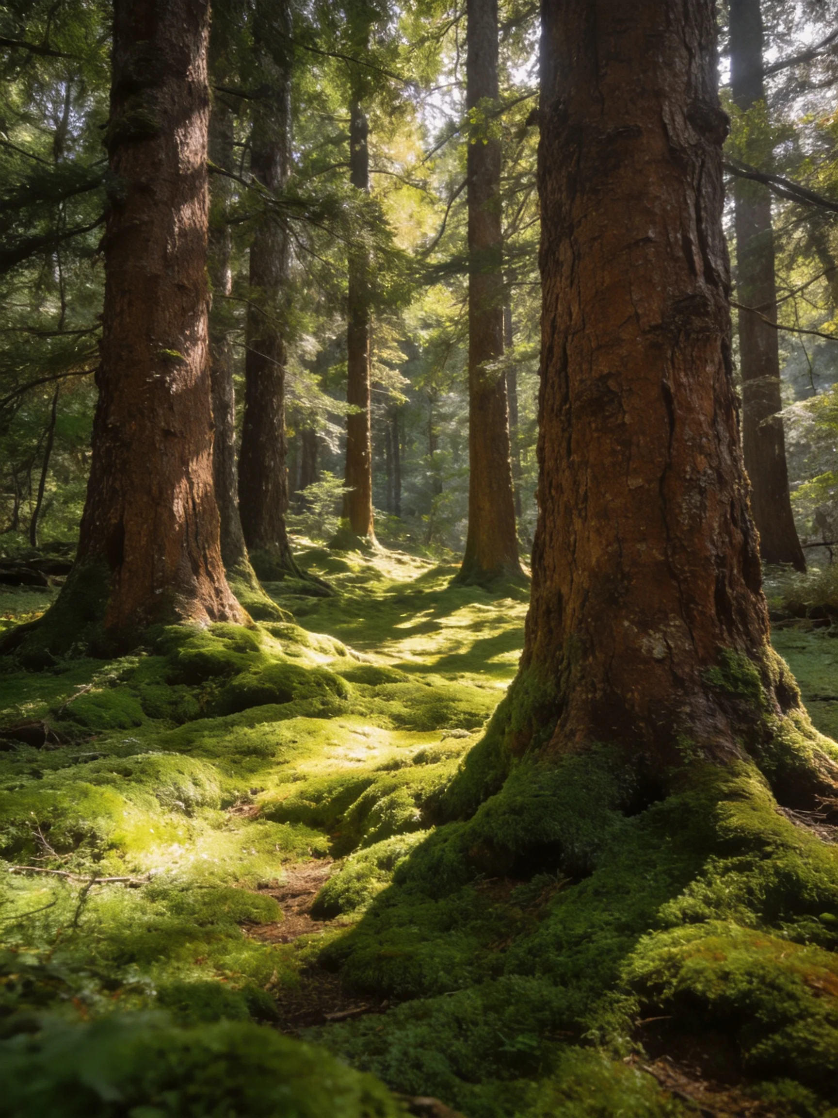 Ancient trees stand among thick green moss and dappled sunlight
