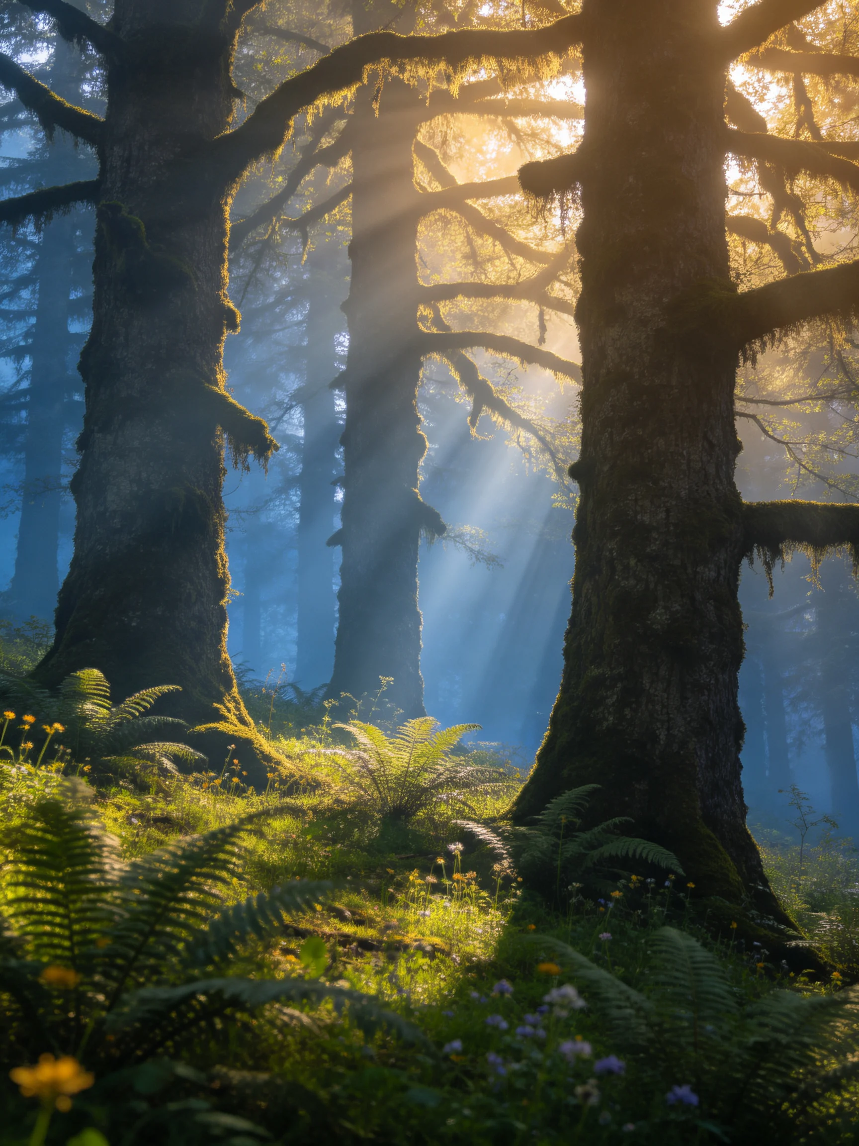 Ancient trees tower in misty forest with golden sunlight filtering through