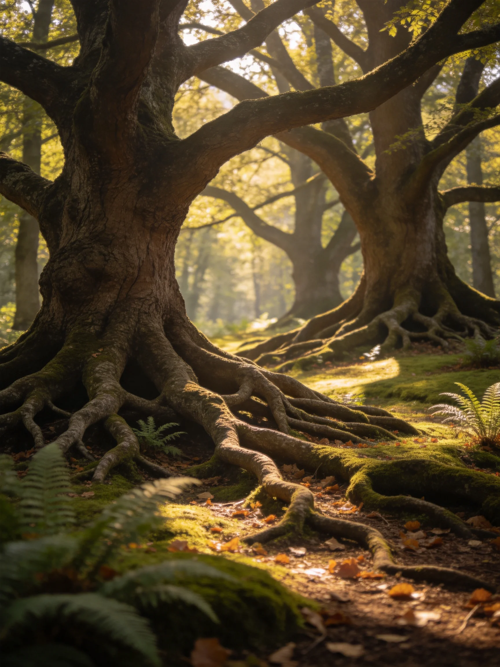 Ancient trees with sprawling roots in a sun-dappled forest glade