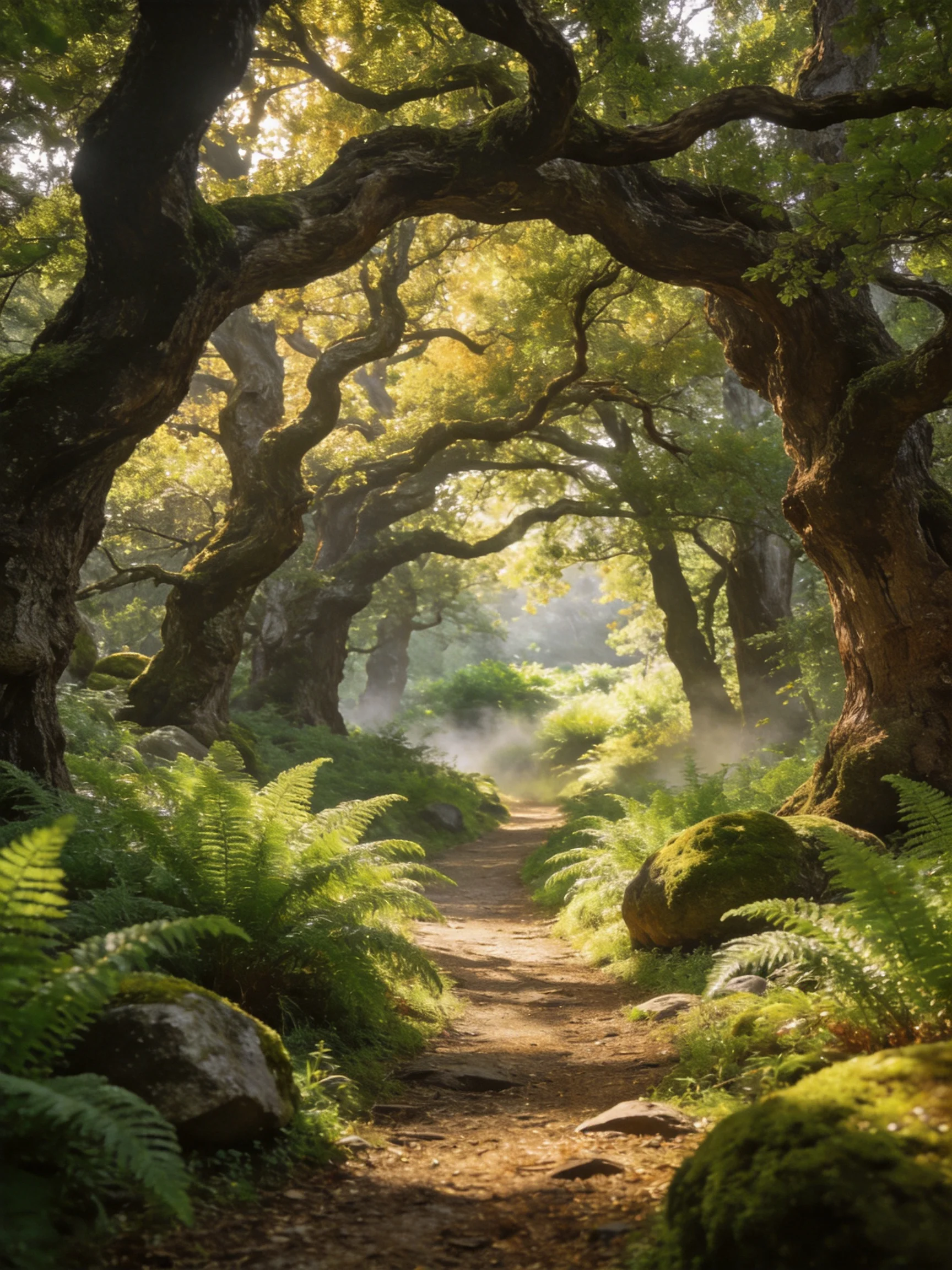 Ancient twisted trees form a leafy archway over a sun - dappled forest path