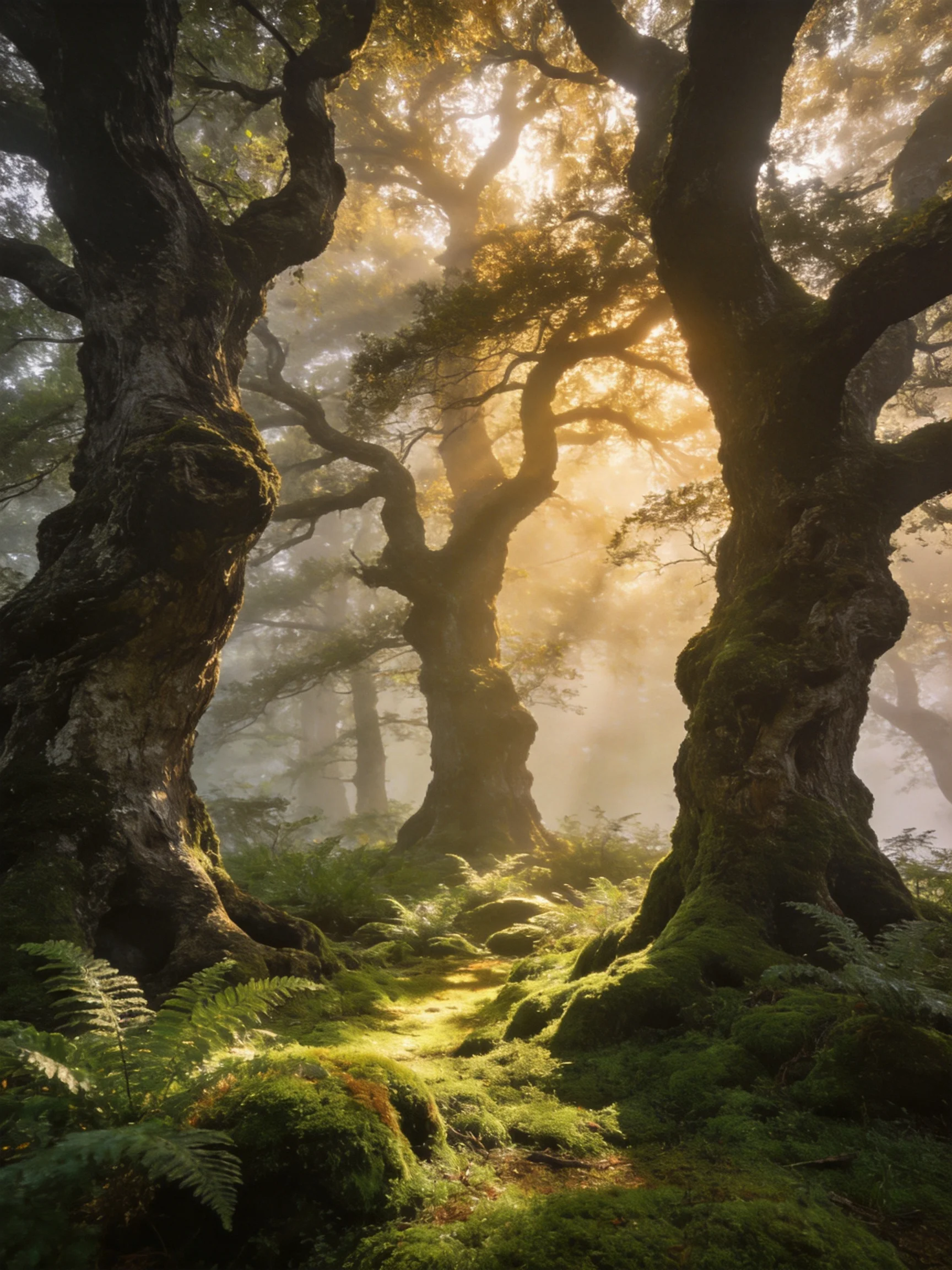 Ancient twisted trees in a misty forest bathed in golden light