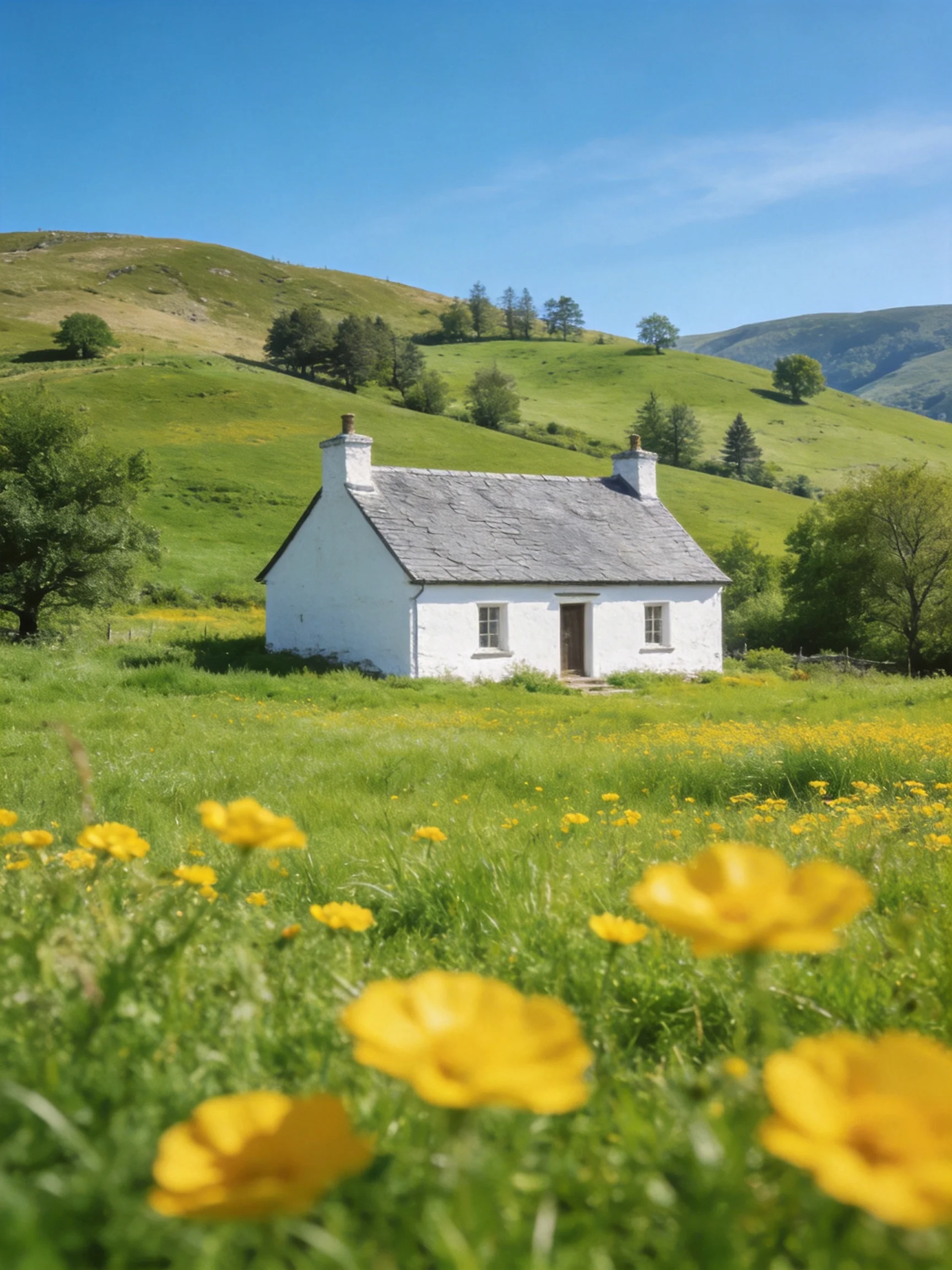 Aquaint white cottage amidst rolling green hills and yellow wildflowers