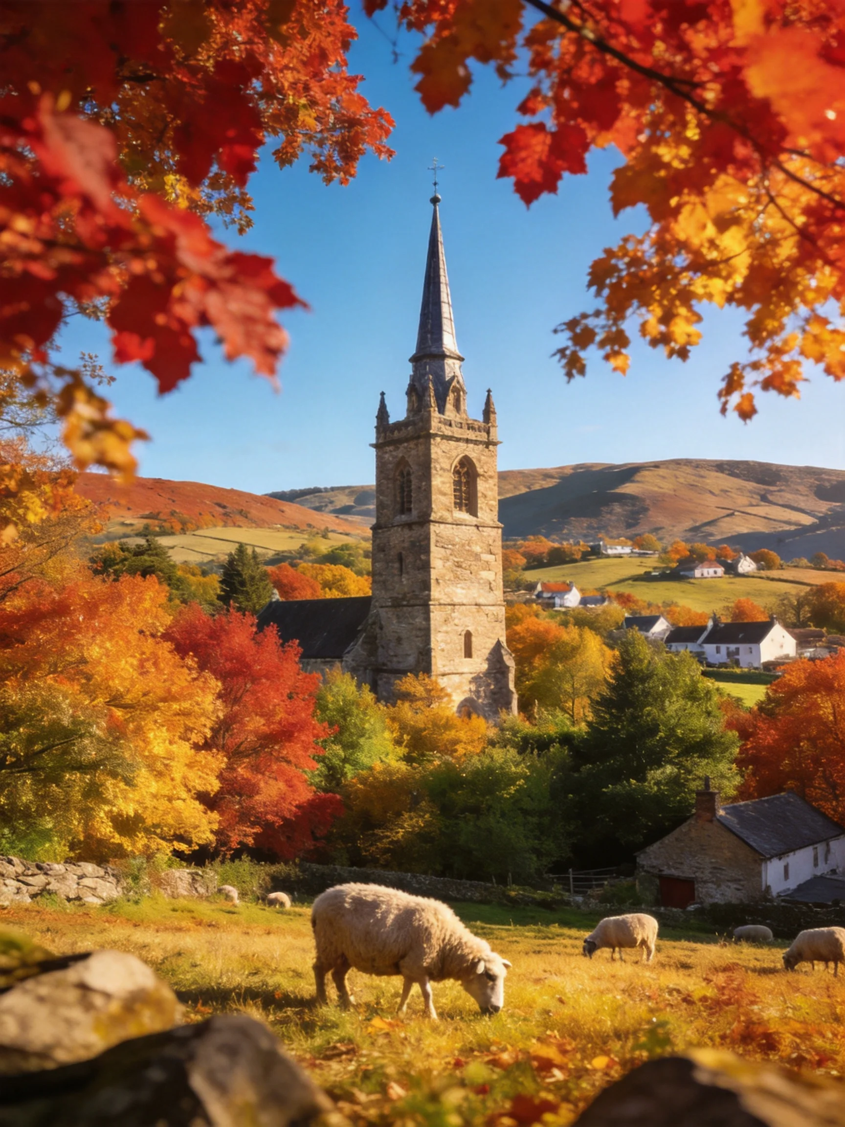 Autumn Foliage Surrounds Historic Church Tower