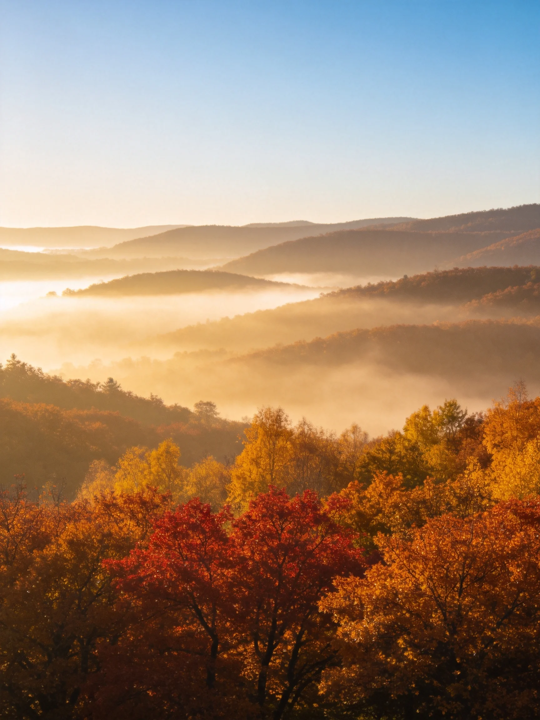 Autumn Foliage and Mist-Covered Rolling Hills